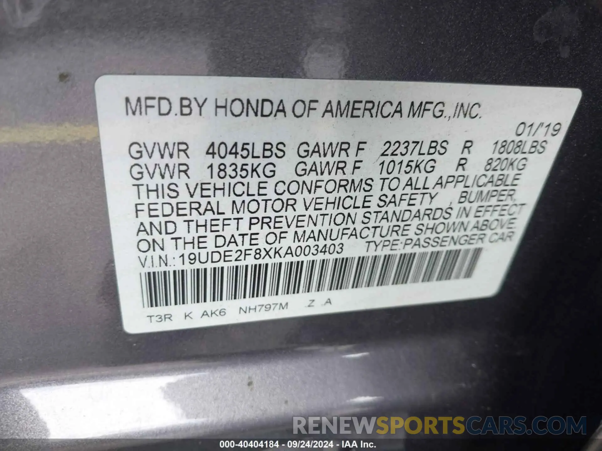 9 fotografías del automóvil dañado 19UDE2F8XKA003403 ACURA ILX 2019