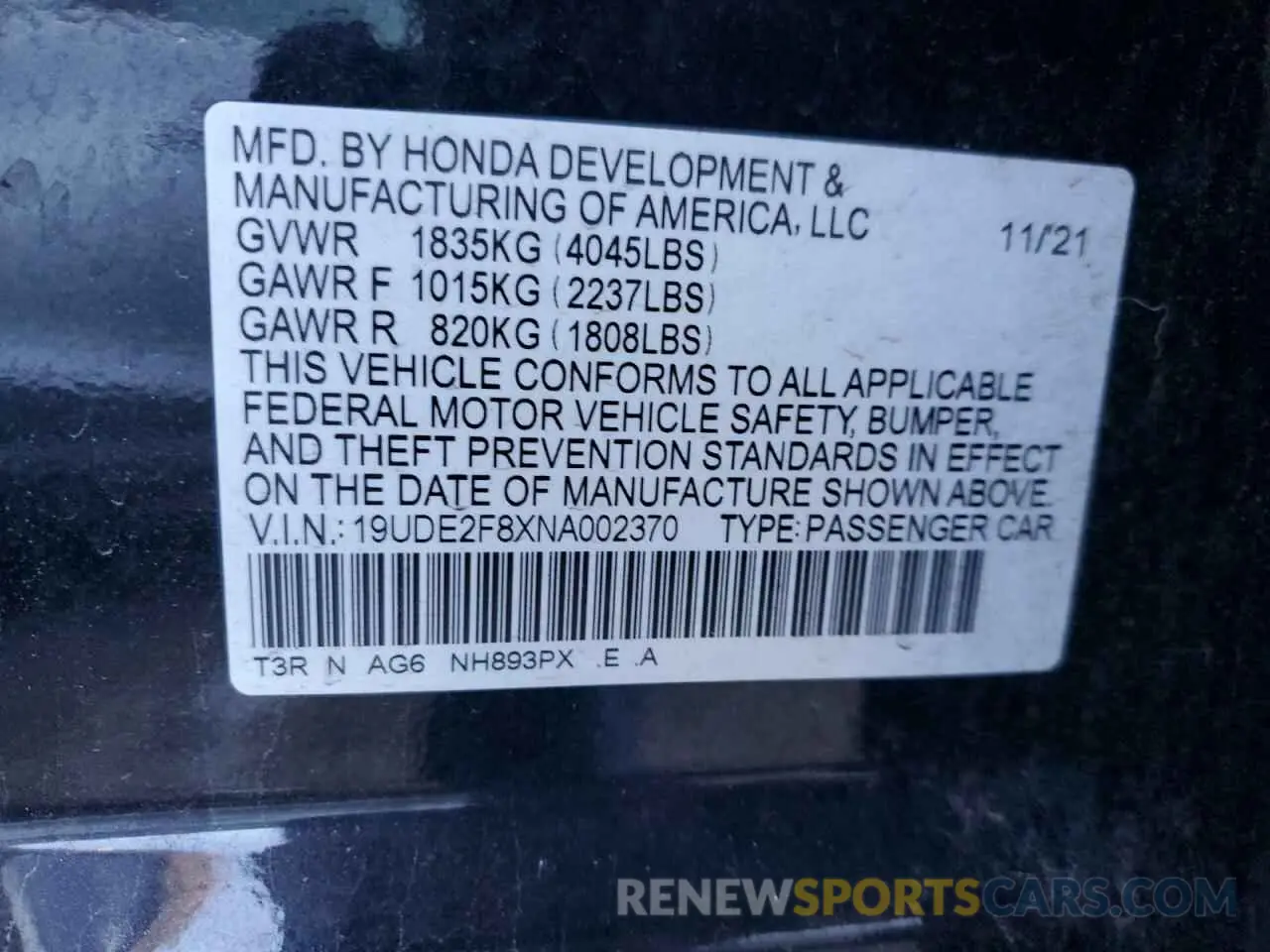 12 fotografías del automóvil dañado 19UDE2F8XNA002370 ACURA ILX 2022
