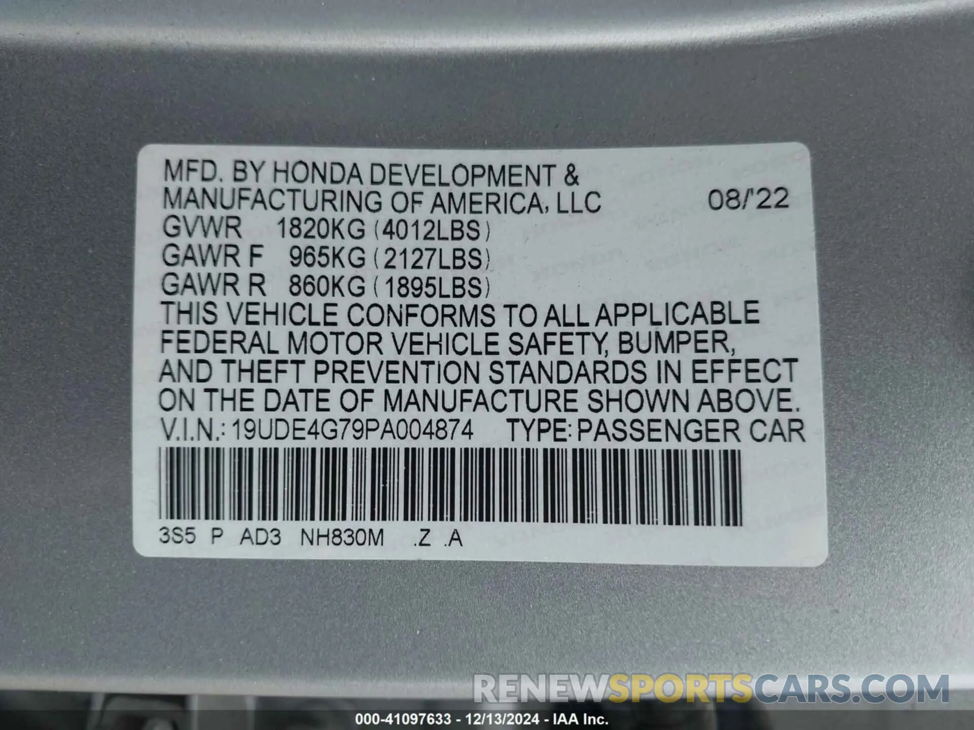 9 fotografías del automóvil dañado 19UDE4G79PA004874 ACURA INTEGRA 2023