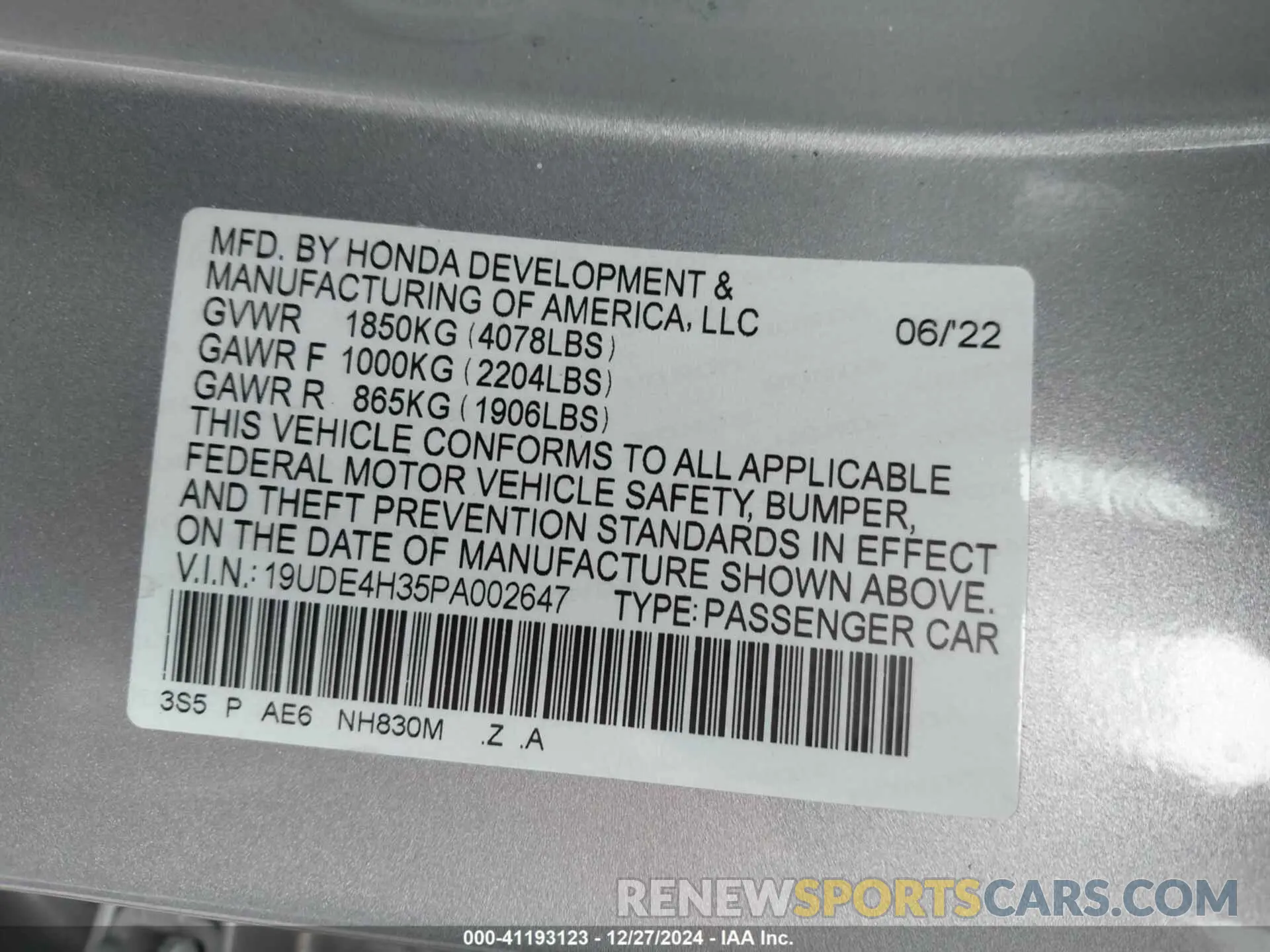9 fotografías del automóvil dañado 19UDE4H35PA002647 ACURA INTEGRA 2023