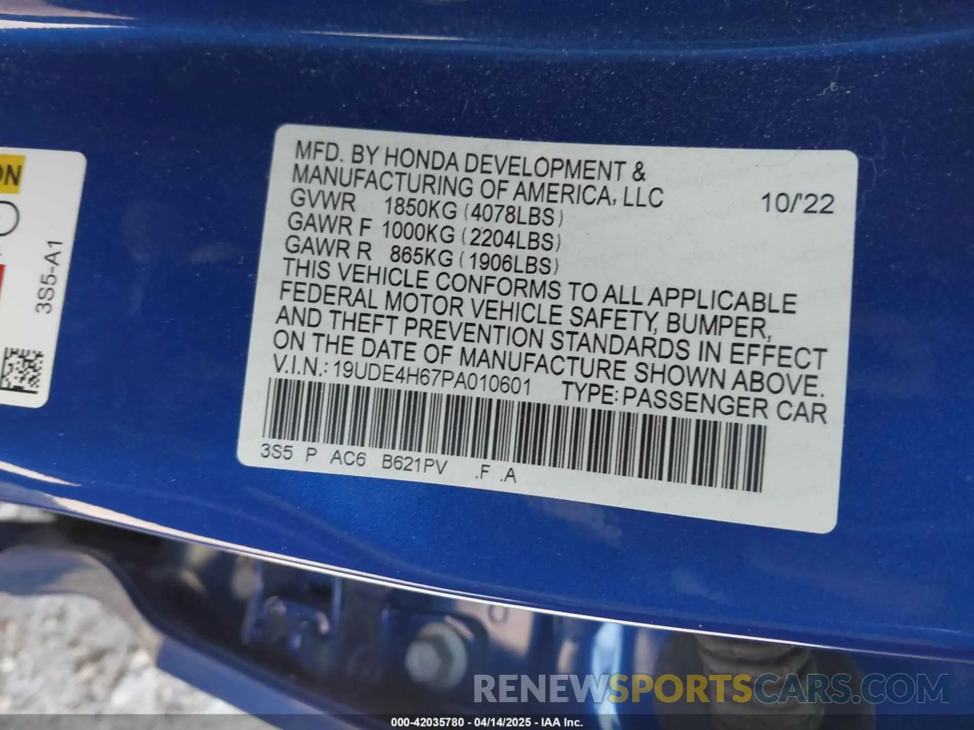 9 fotografías del automóvil dañado 19UDE4H67PA010601 ACURA INTEGRA 2023