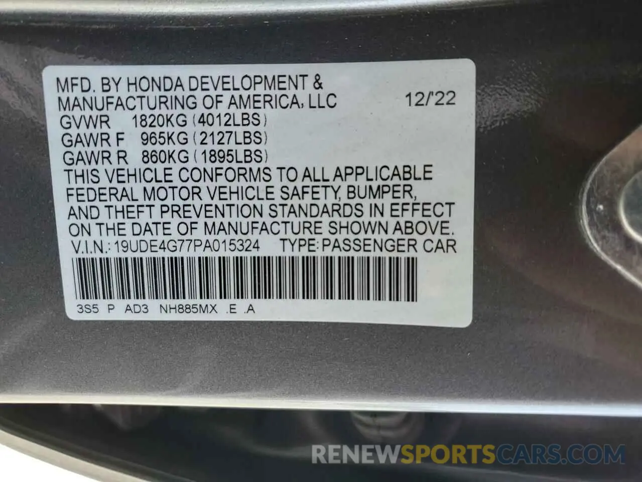 14 fotografías del automóvil dañado 19UDE4G77PA015324 ACURA INTEGRA A- 2023