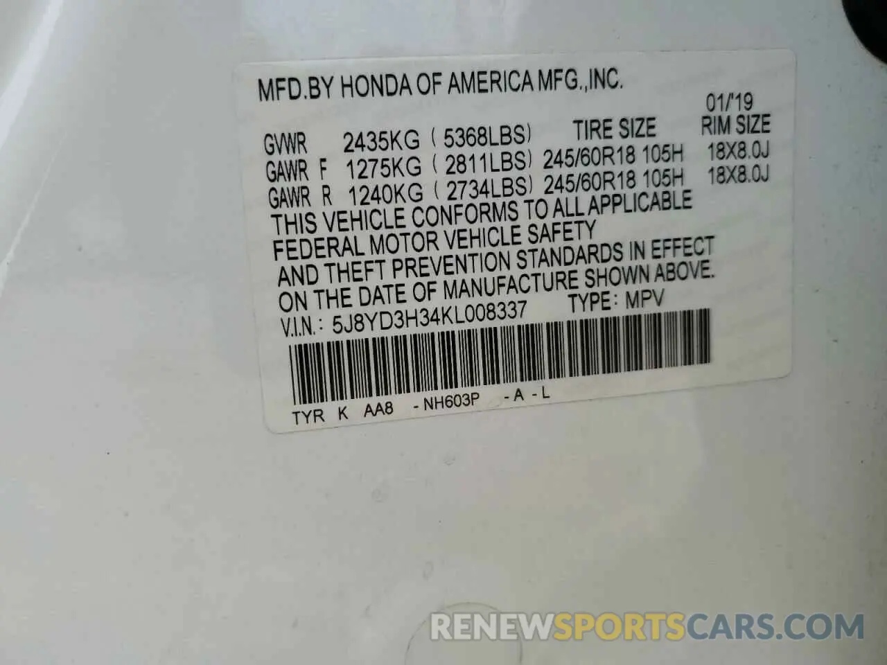 14 fotografías del automóvil dañado 5J8YD3H34KL008337 ACURA MDX 2019