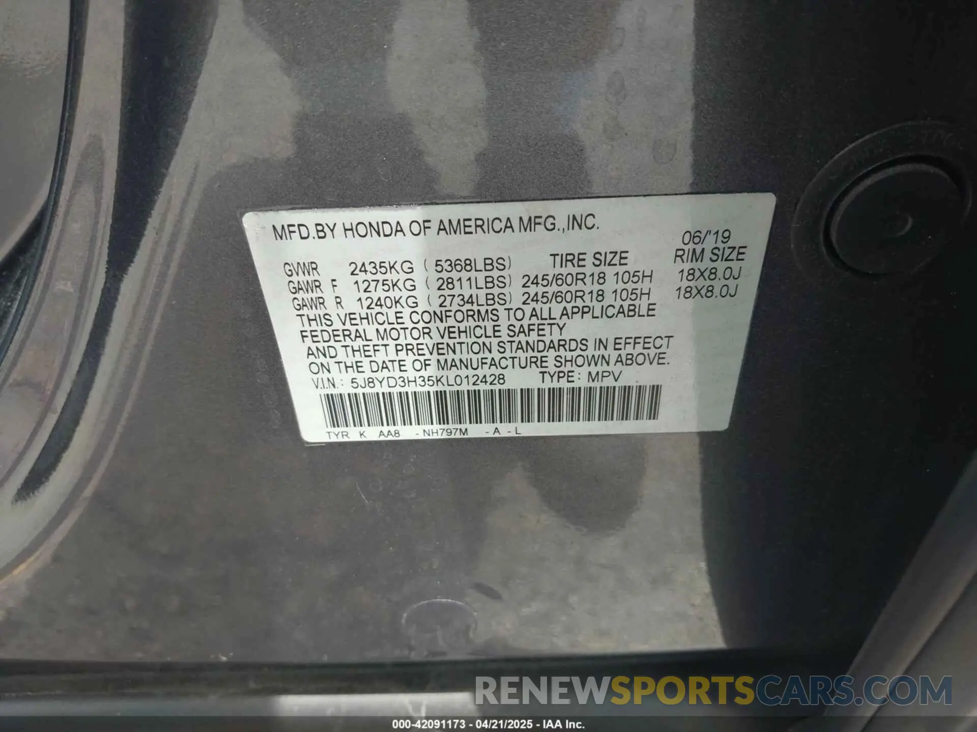 9 fotografías del automóvil dañado 5J8YD3H35KL012428 ACURA MDX 2019