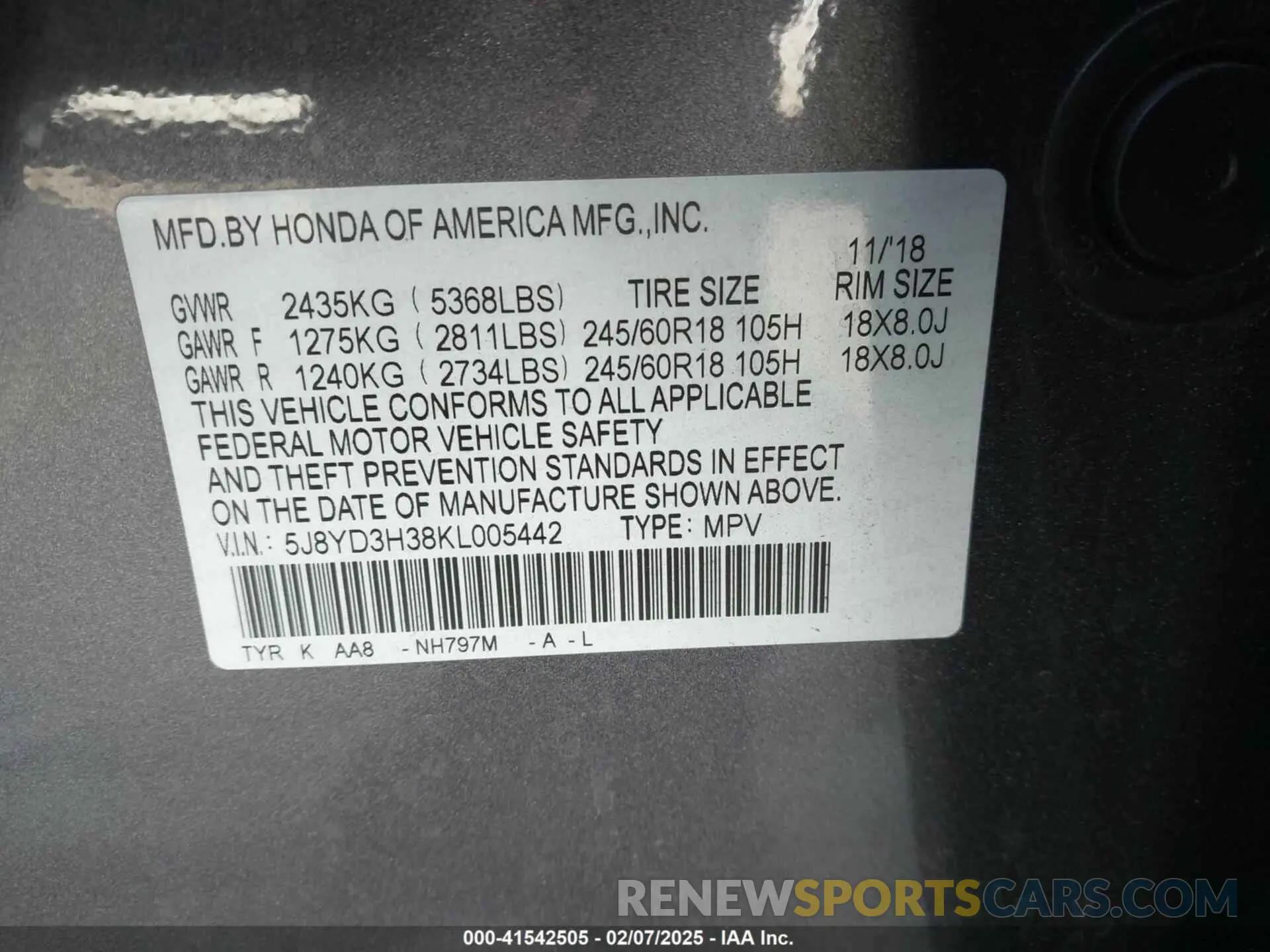 9 fotografías del automóvil dañado 5J8YD3H38KL005442 ACURA MDX 2019
