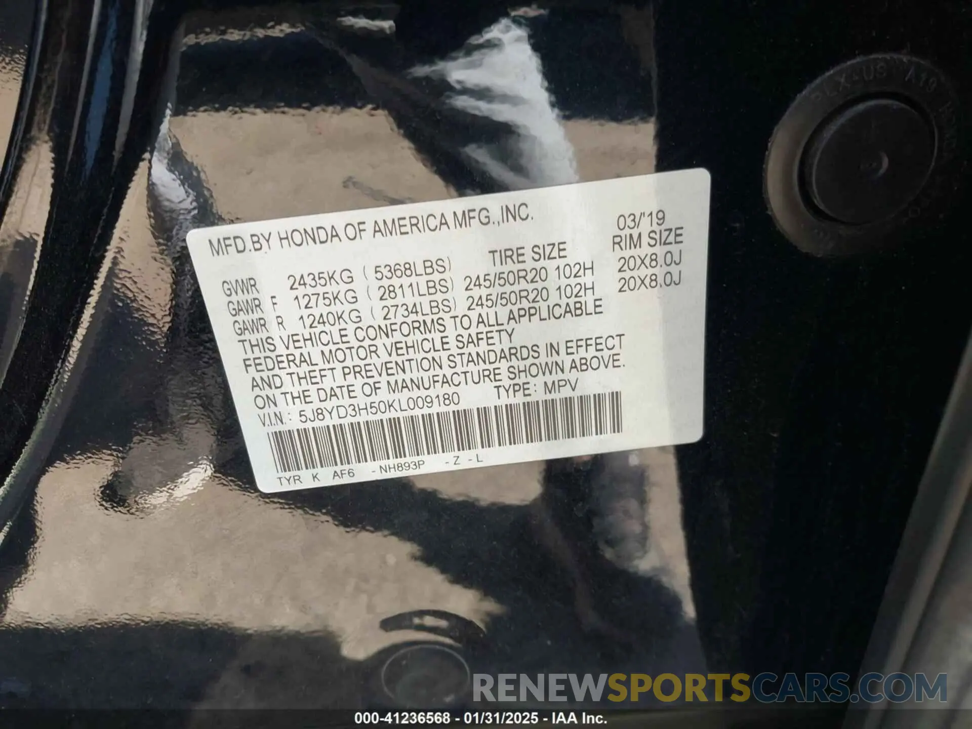 9 fotografías del automóvil dañado 5J8YD3H50KL009180 ACURA MDX 2019