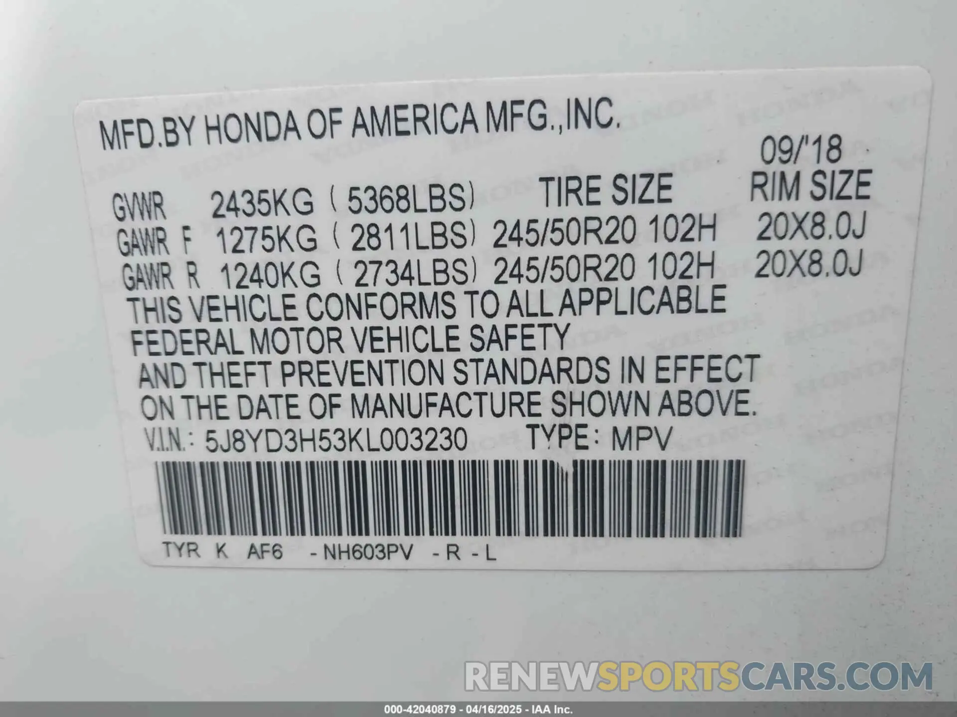 9 fotografías del automóvil dañado 5J8YD3H53KL003230 ACURA MDX 2019