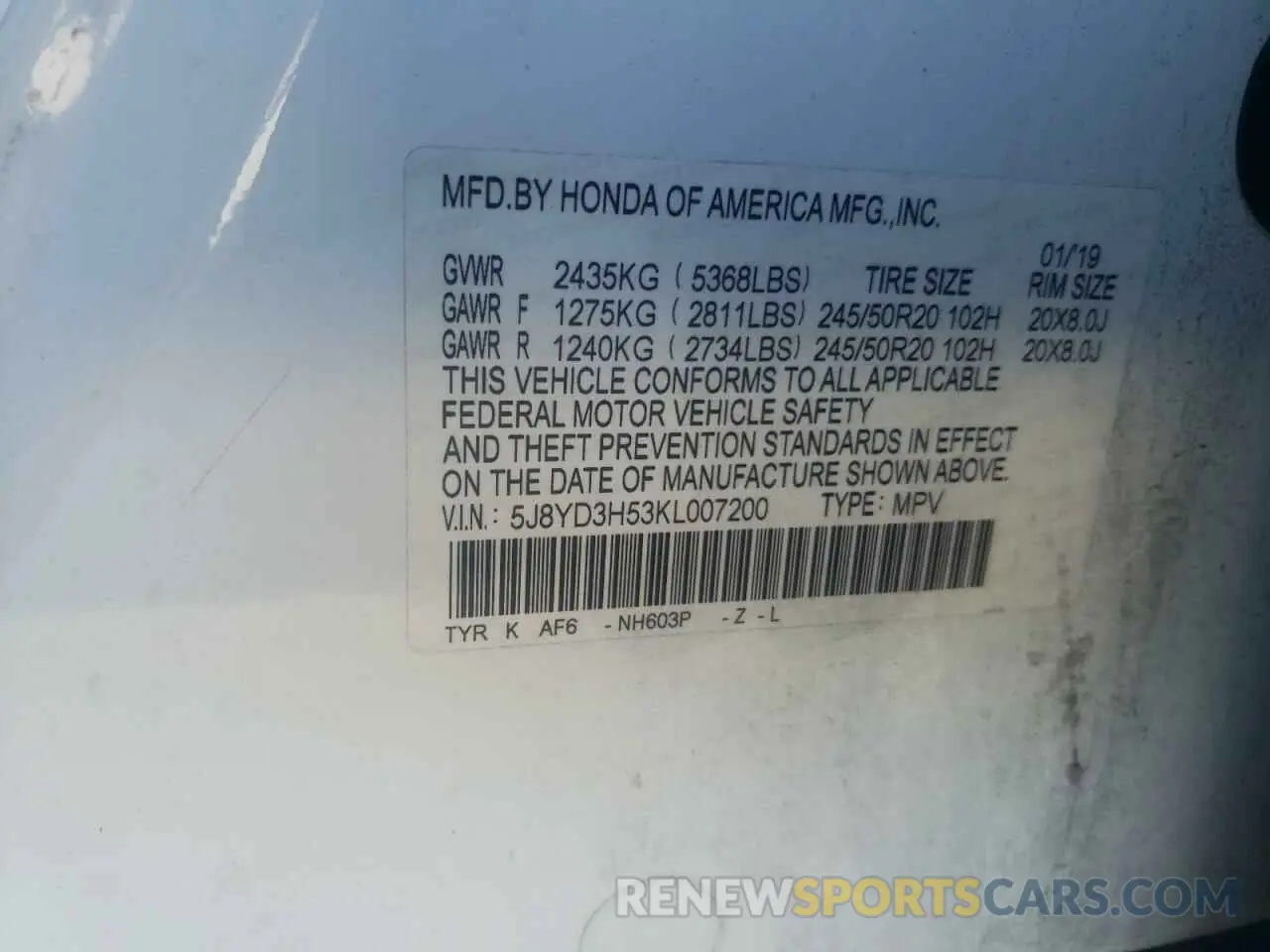 14 fotografías del automóvil dañado 5J8YD3H53KL007200 ACURA MDX 2019