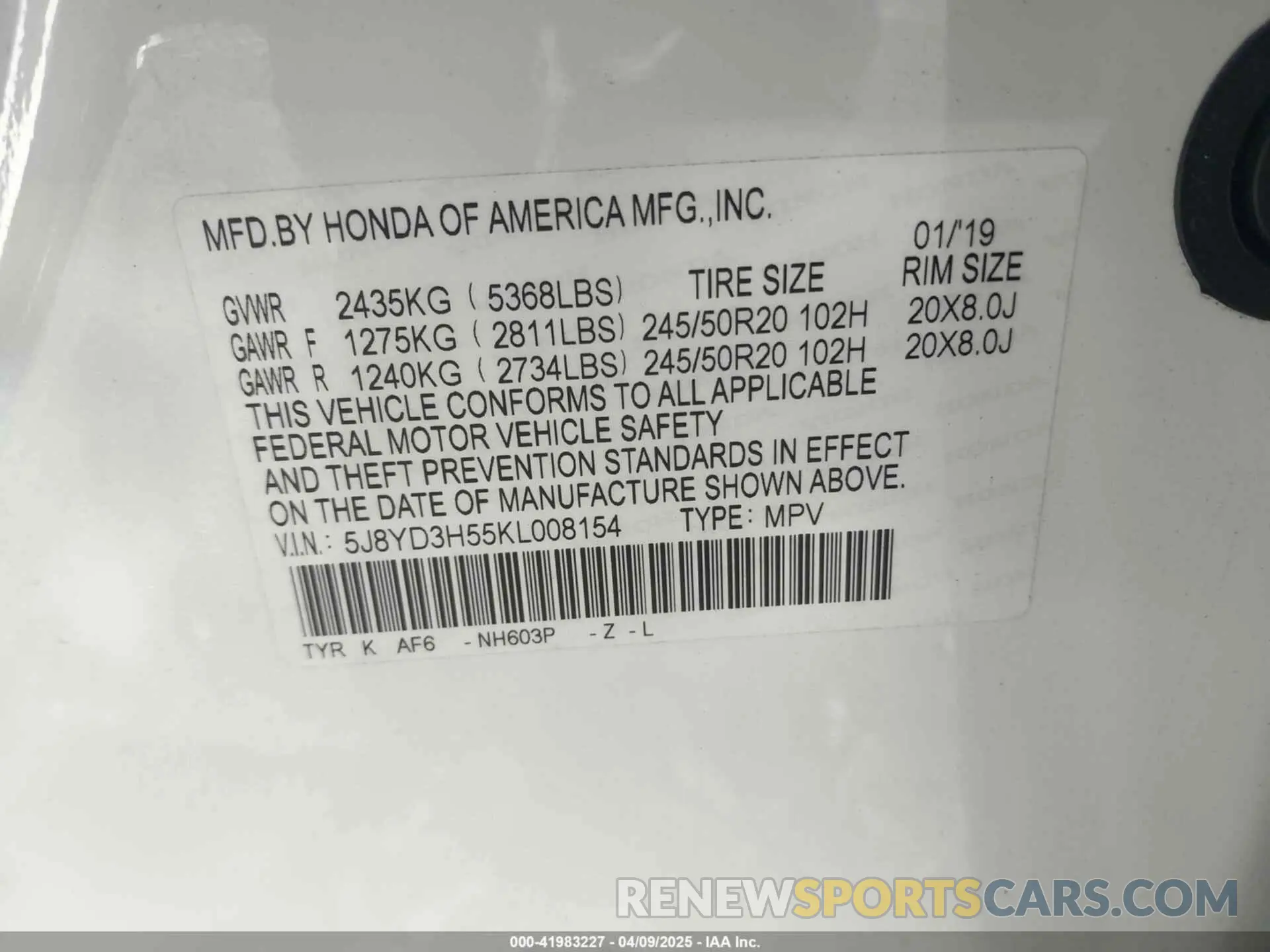 9 fotografías del automóvil dañado 5J8YD3H55KL008154 ACURA MDX 2019