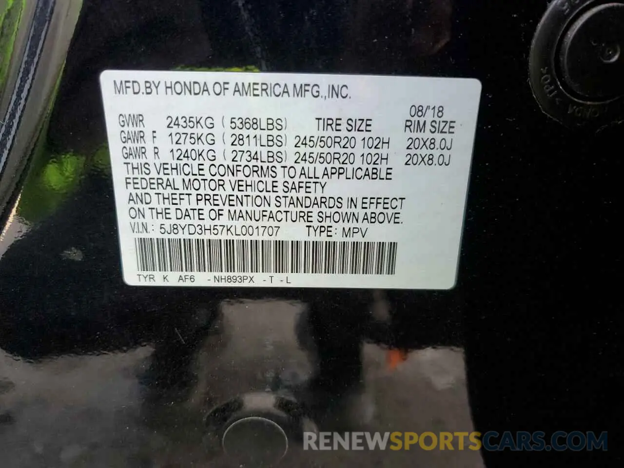 13 fotografías del automóvil dañado 5J8YD3H57KL001707 ACURA MDX 2019