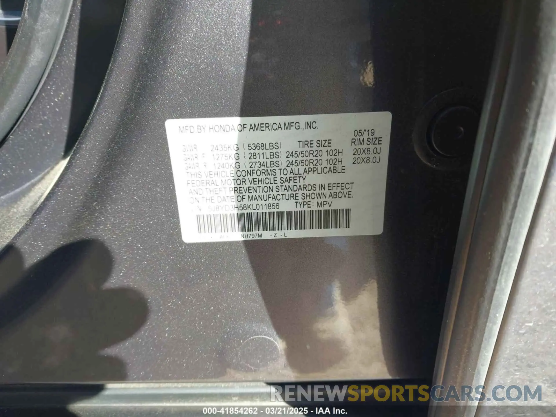 9 fotografías del automóvil dañado 5J8YD3H58KL011856 ACURA MDX 2019