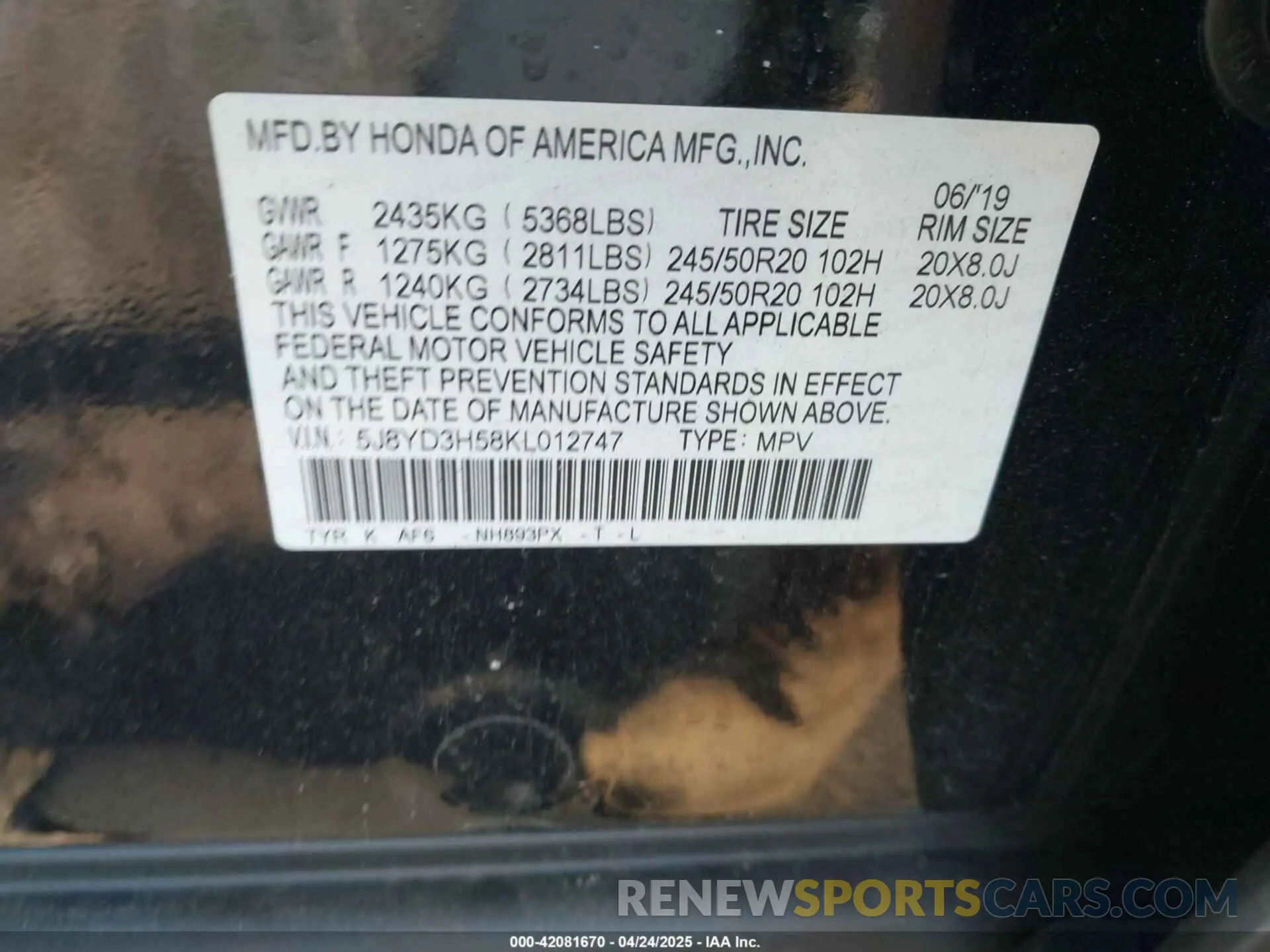 9 fotografías del automóvil dañado 5J8YD3H58KL012747 ACURA MDX 2019