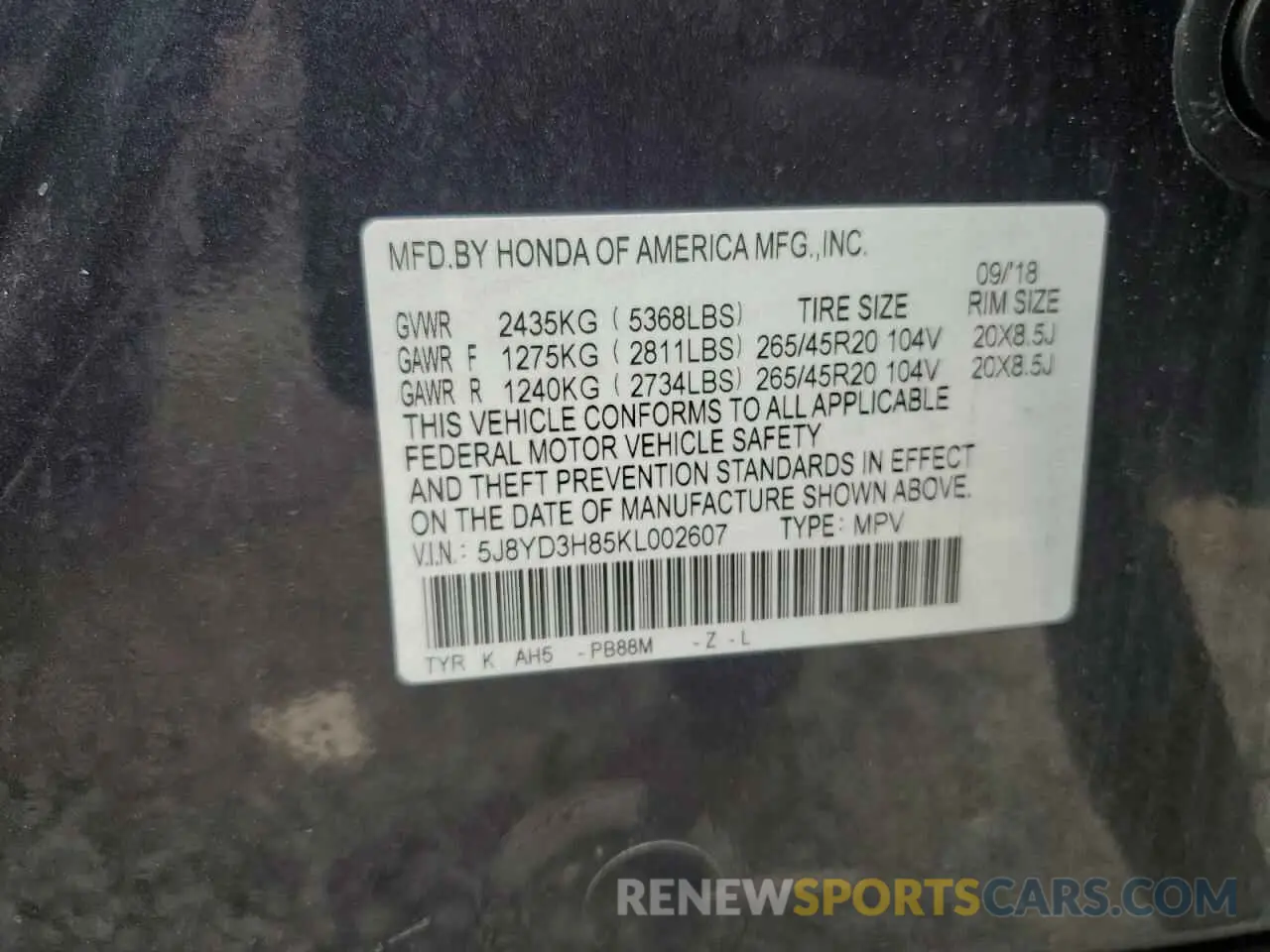 13 fotografías del automóvil dañado 5J8YD3H85KL002607 ACURA MDX 2019