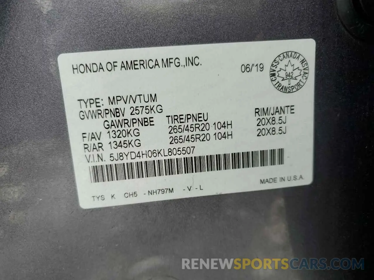13 fotografías del automóvil dañado 5J8YD4H06KL805507 ACURA MDX 2019