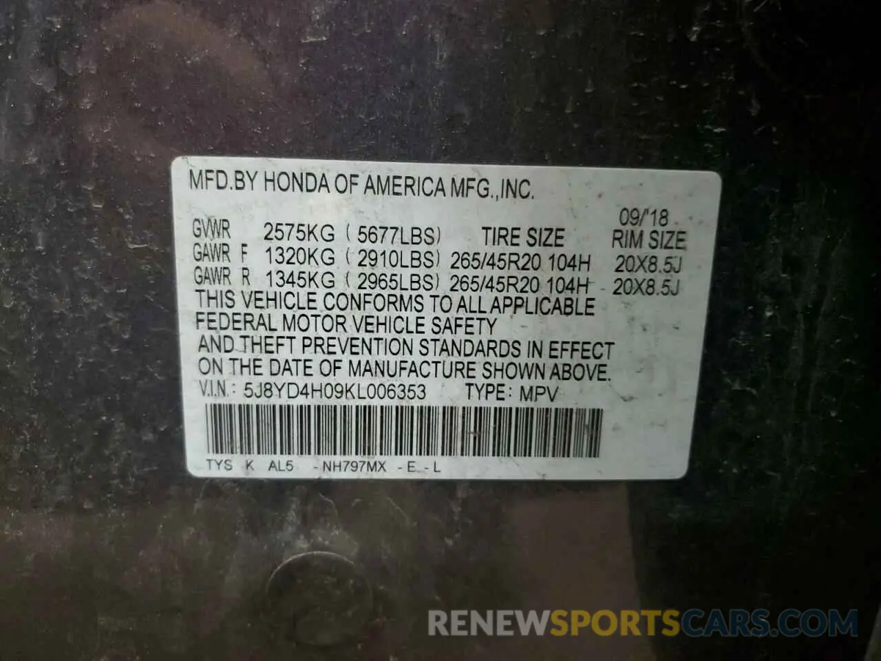 16 fotografías del automóvil dañado 5J8YD4H09KL006353 ACURA MDX 2019