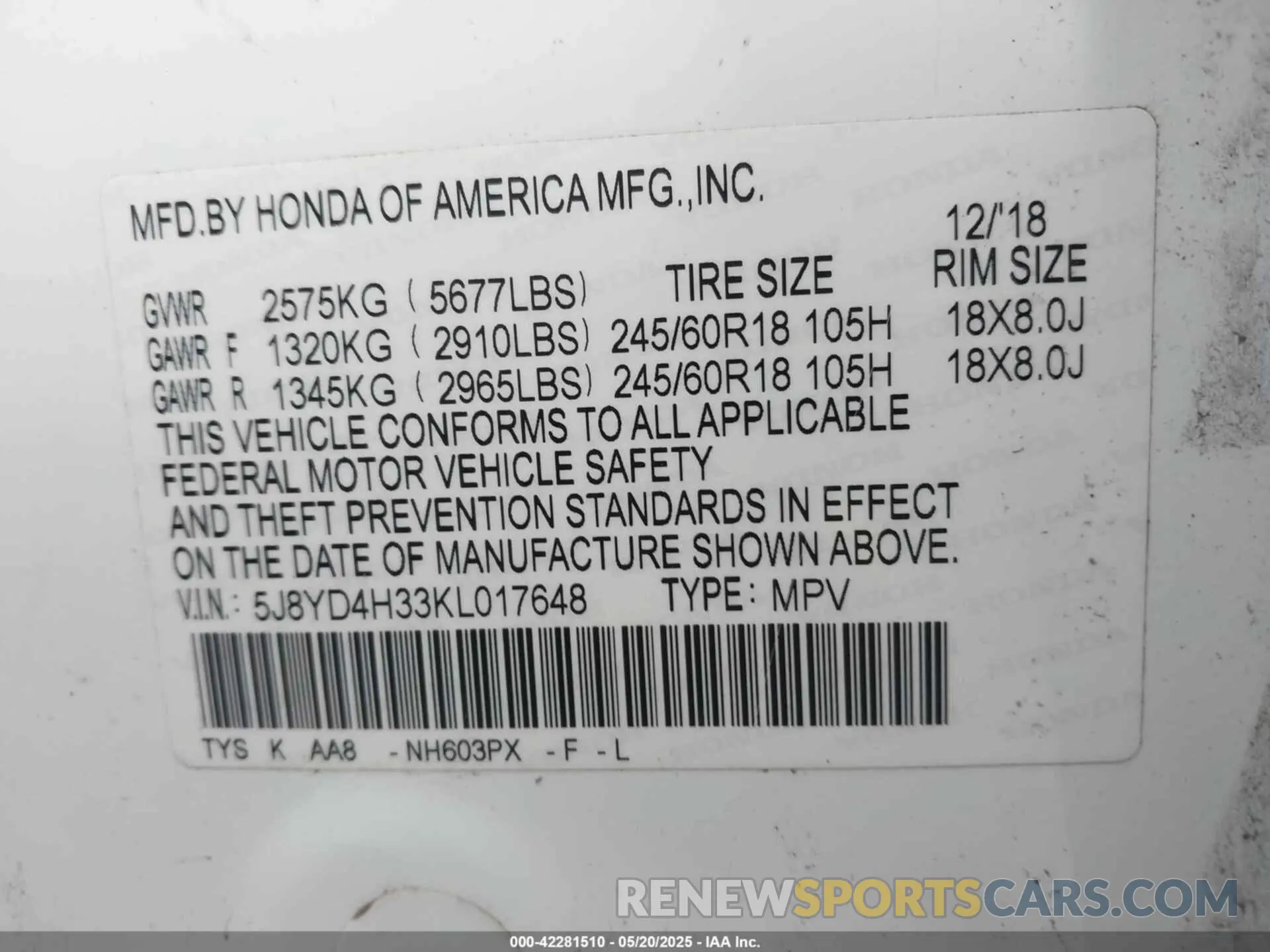 9 fotografías del automóvil dañado 5J8YD4H33KL017648 ACURA MDX 2019