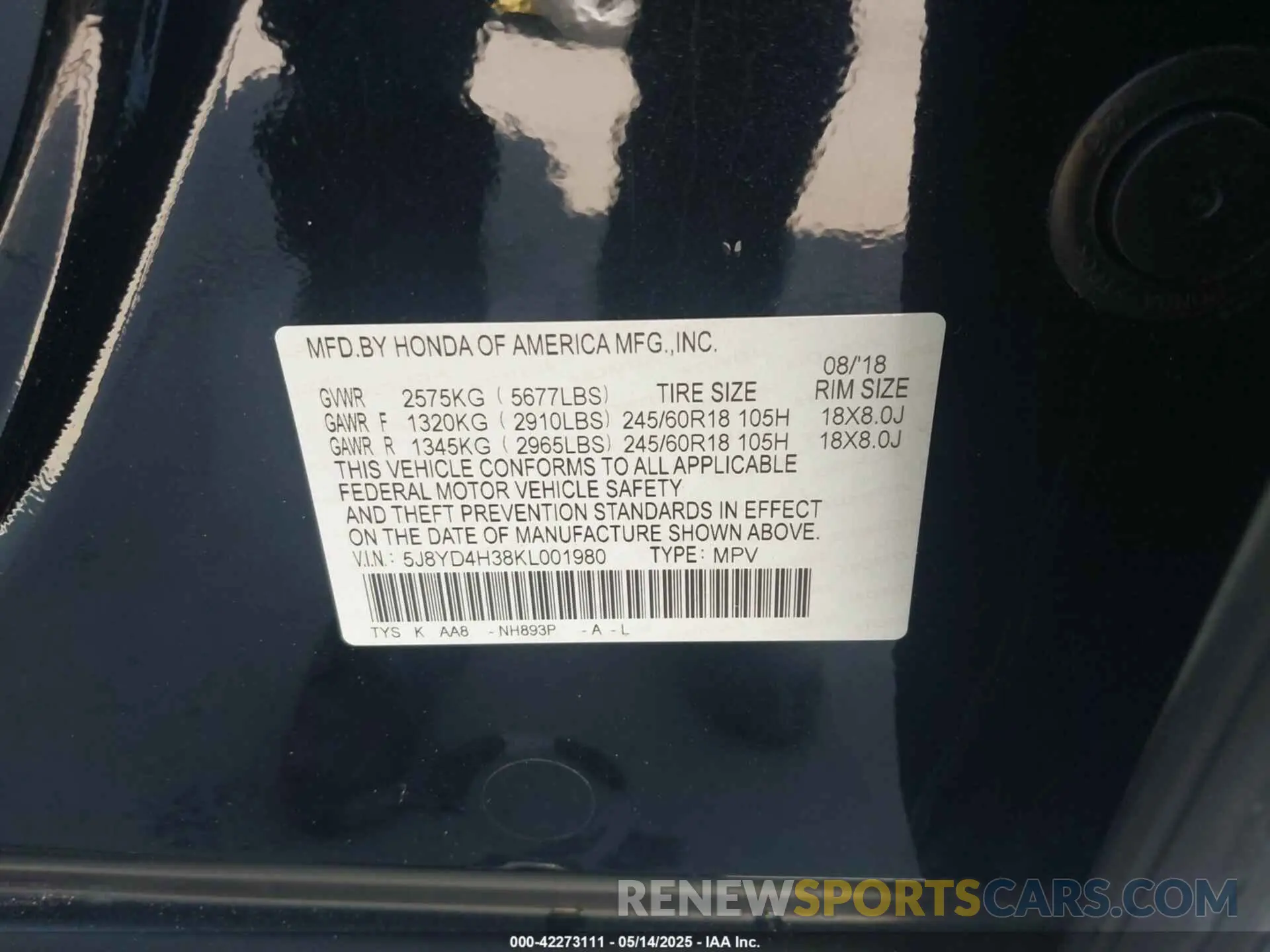 9 fotografías del automóvil dañado 5J8YD4H38KL001980 ACURA MDX 2019