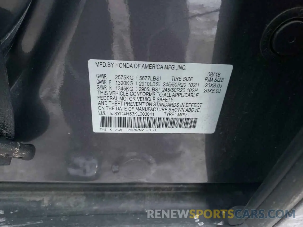 13 fotografías del automóvil dañado 5J8YD4H53KL003041 ACURA MDX 2019