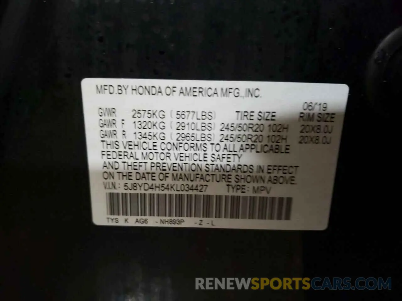 12 fotografías del automóvil dañado 5J8YD4H54KL034427 ACURA MDX 2019