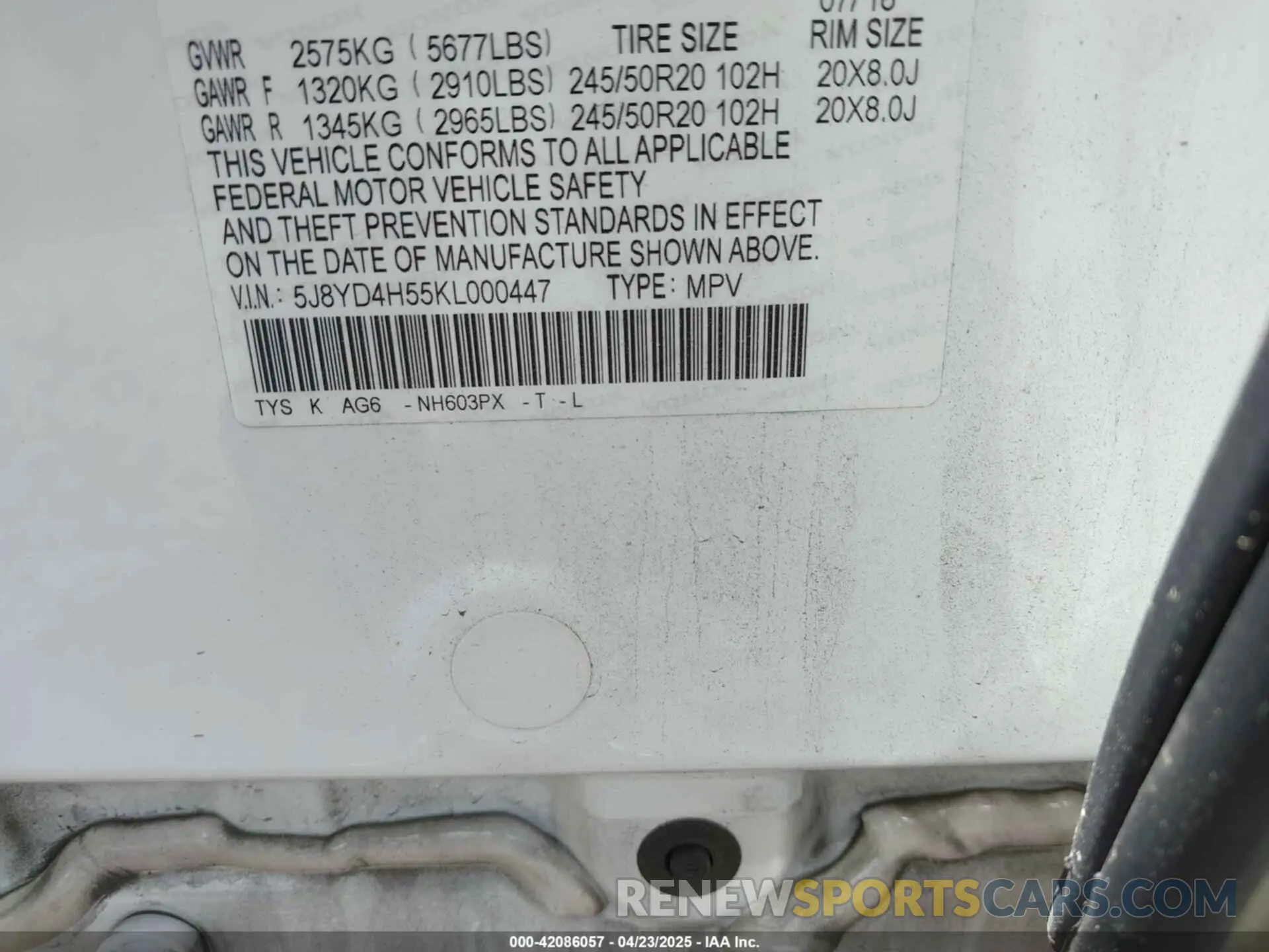 9 fotografías del automóvil dañado 5J8YD4H55KL000447 ACURA MDX 2019
