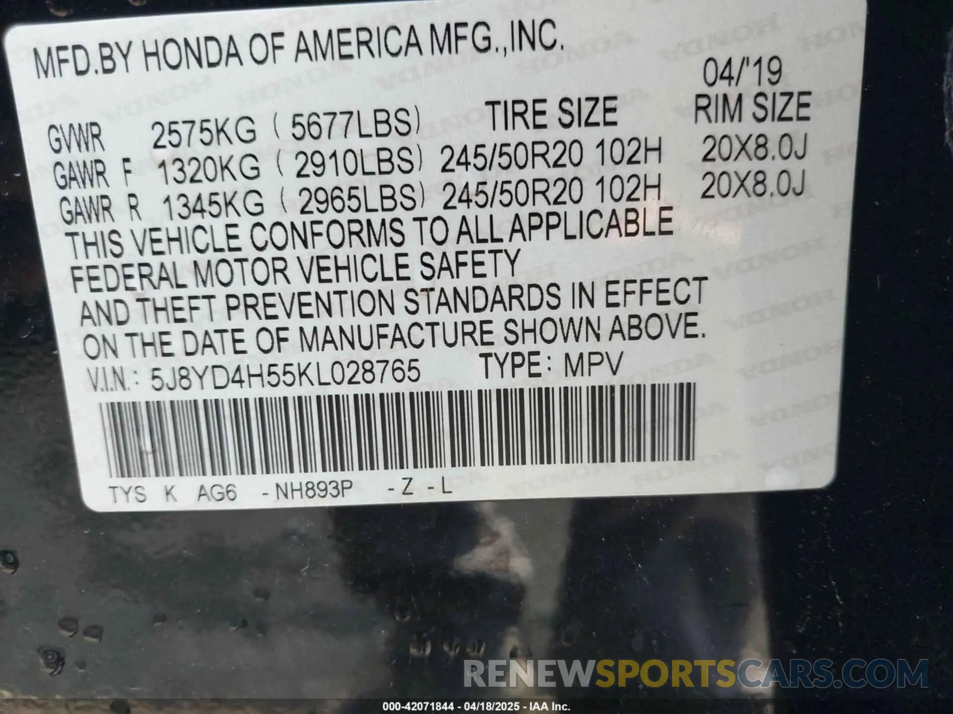 9 fotografías del automóvil dañado 5J8YD4H55KL028765 ACURA MDX 2019