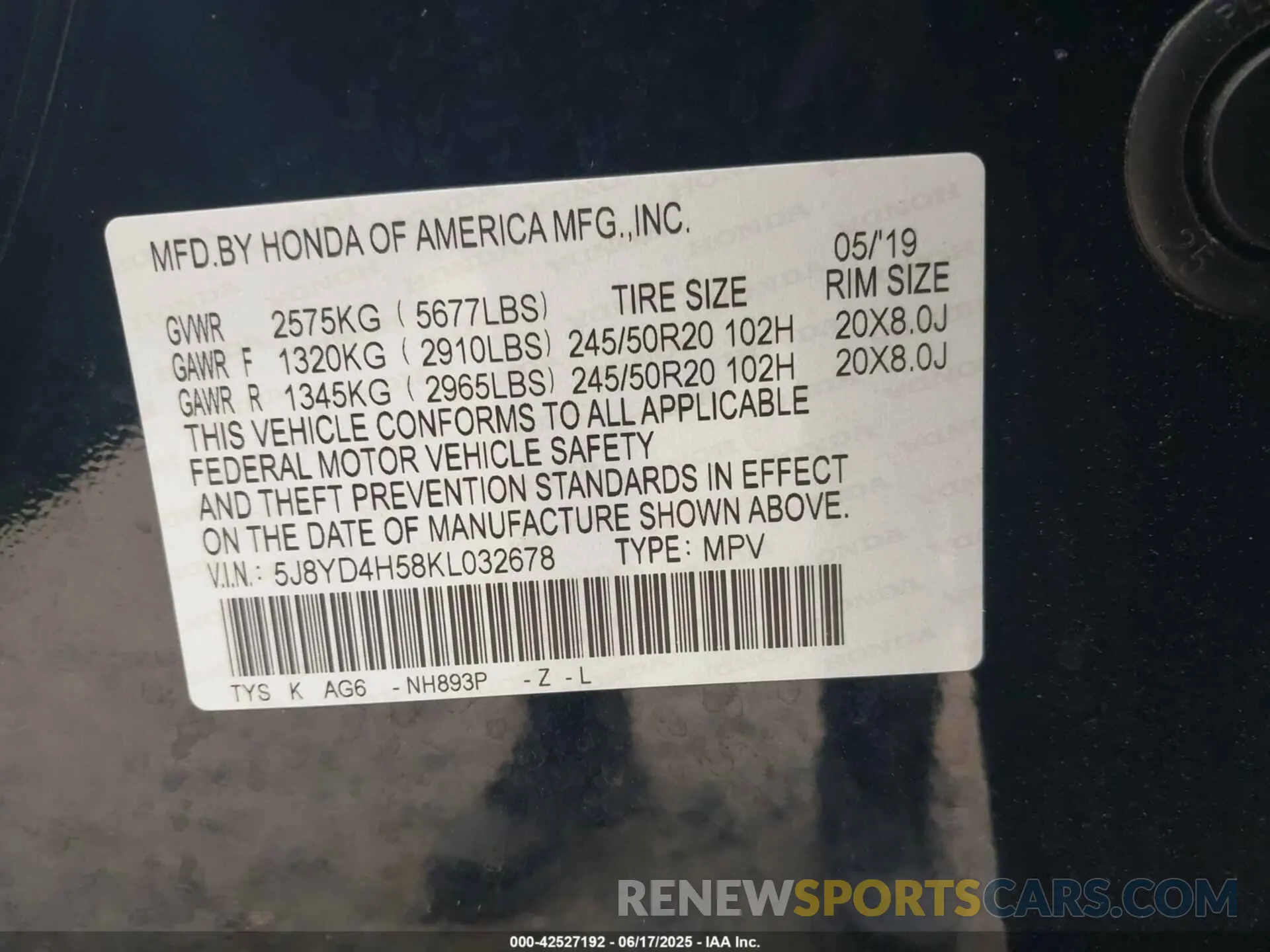 9 fotografías del automóvil dañado 5J8YD4H58KL032678 ACURA MDX 2019