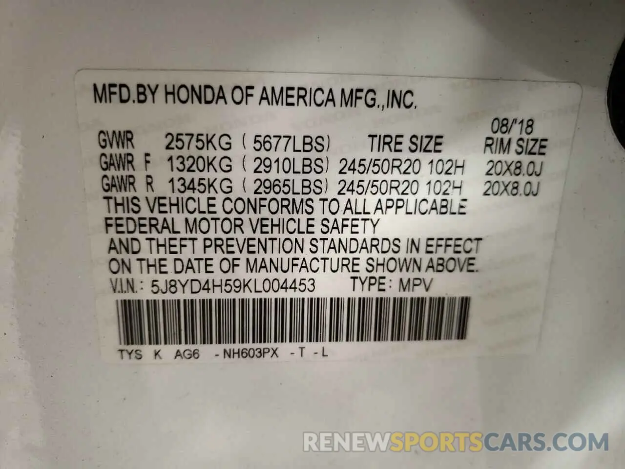 13 fotografías del automóvil dañado 5J8YD4H59KL004453 ACURA MDX 2019