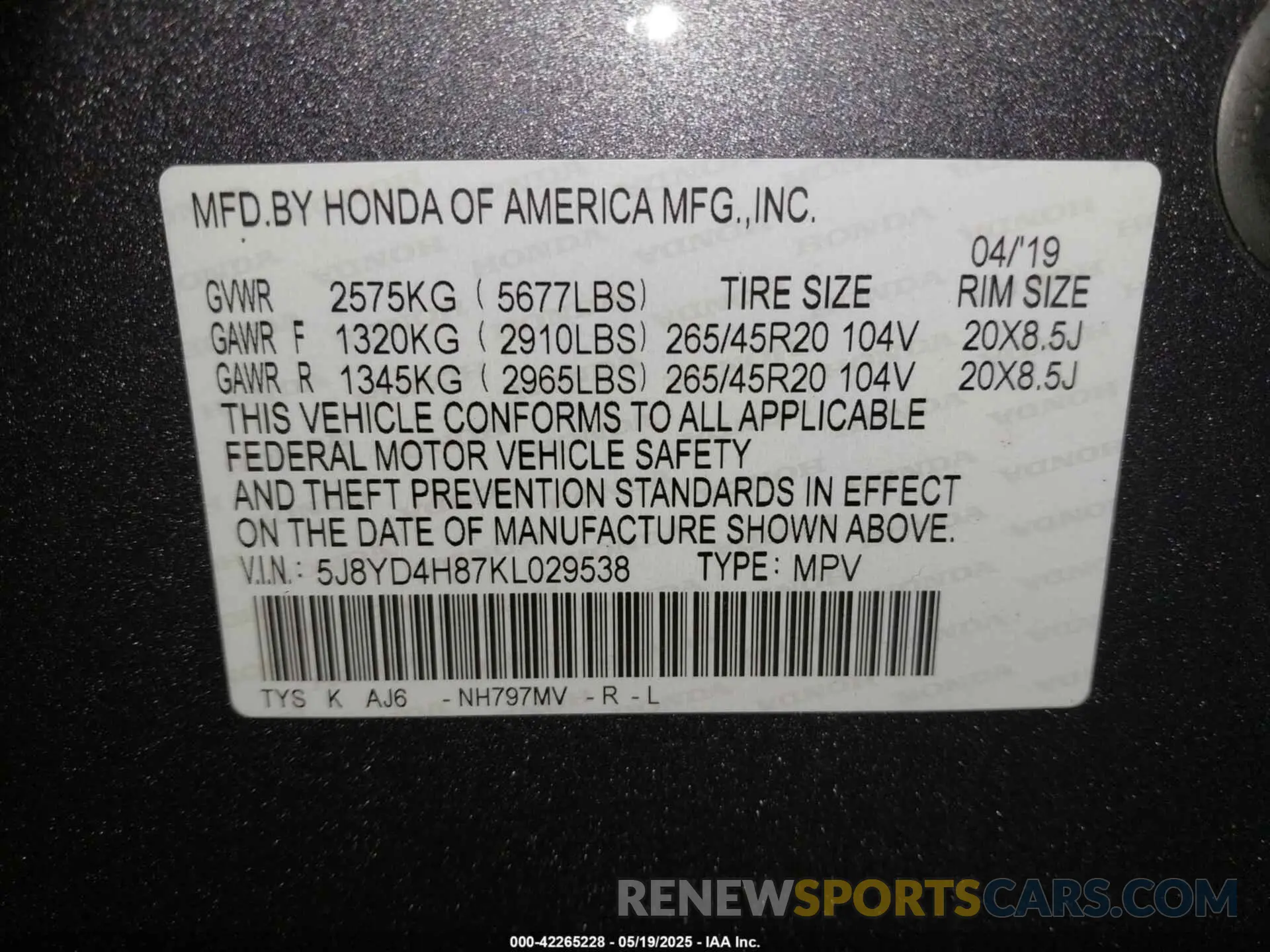 9 fotografías del automóvil dañado 5J8YD4H87KL029538 ACURA MDX 2019
