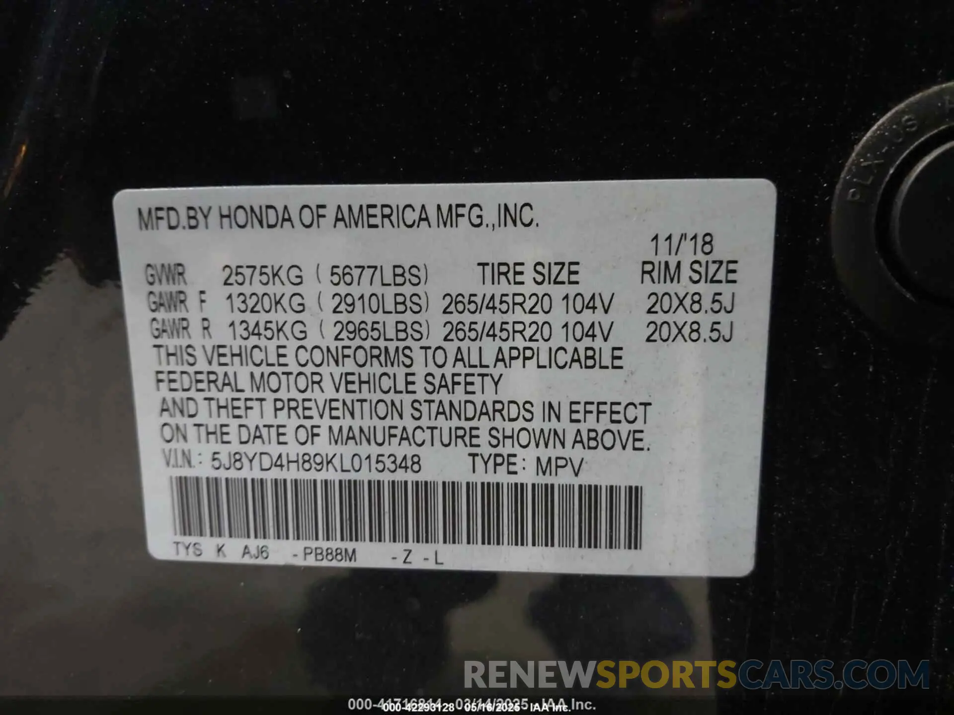 9 fotografías del automóvil dañado 5J8YD4H89KL015348 ACURA MDX 2019