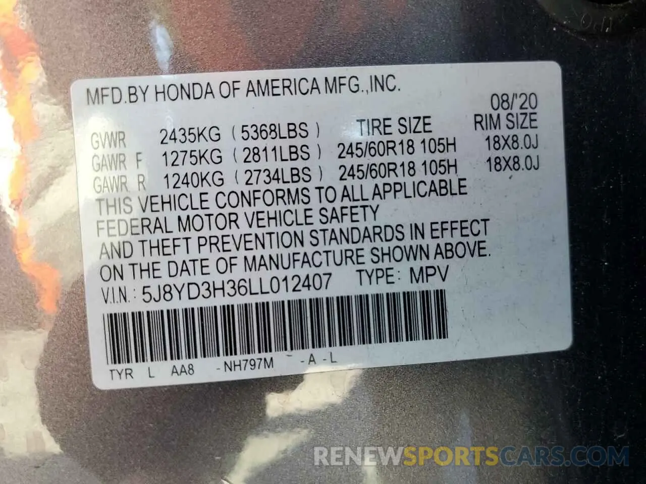 13 fotografías del automóvil dañado 5J8YD3H36LL012407 ACURA MDX 2020