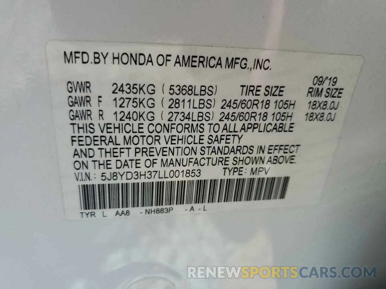 13 fotografías del automóvil dañado 5J8YD3H37LL001853 ACURA MDX 2020