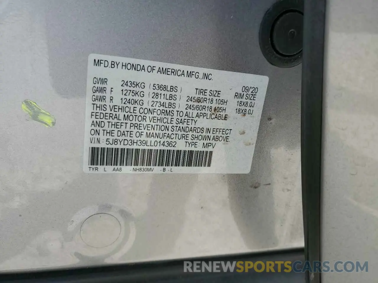 13 fotografías del automóvil dañado 5J8YD3H39LL014362 ACURA MDX 2020