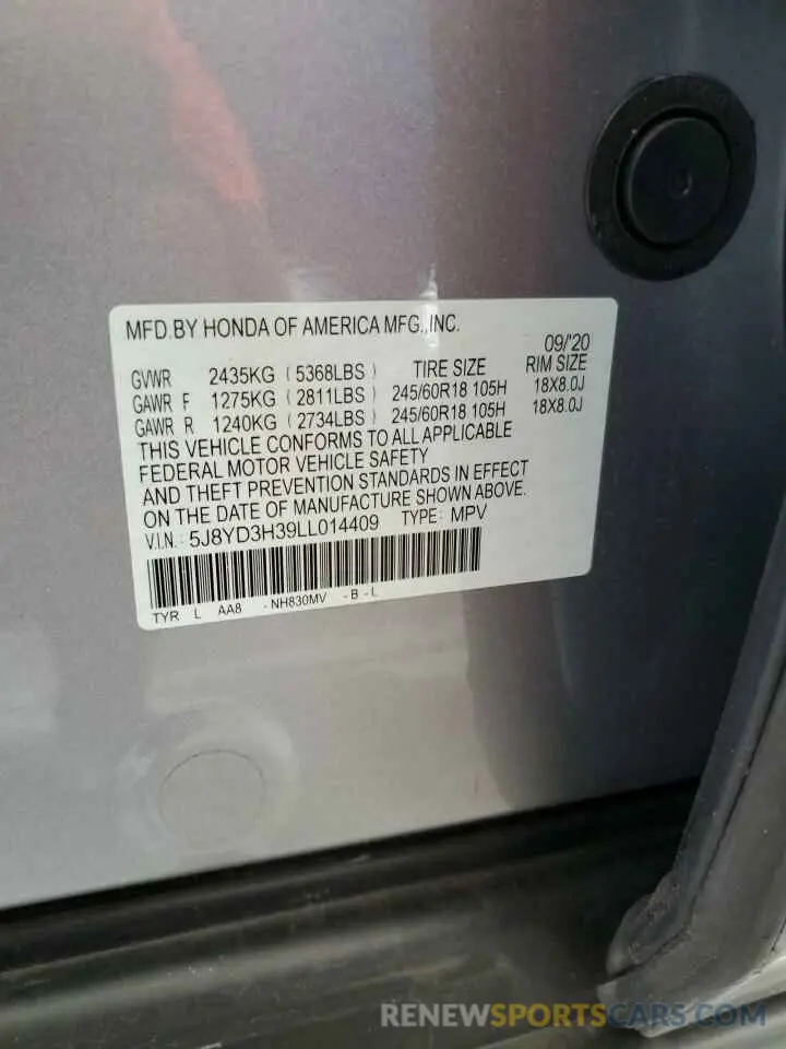 14 fotografías del automóvil dañado 5J8YD3H39LL014409 ACURA MDX 2020