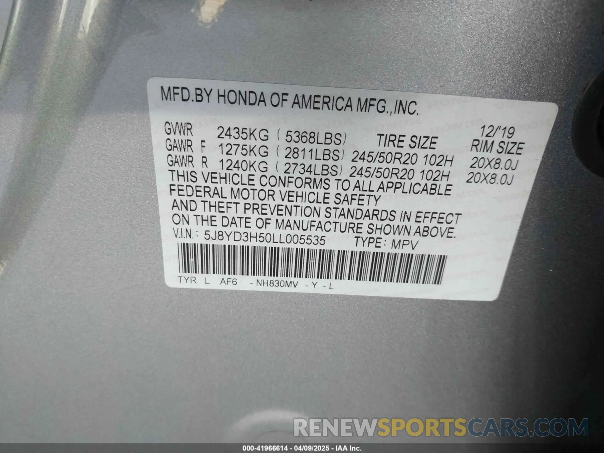 9 fotografías del automóvil dañado 5J8YD3H50LL005535 ACURA MDX 2020