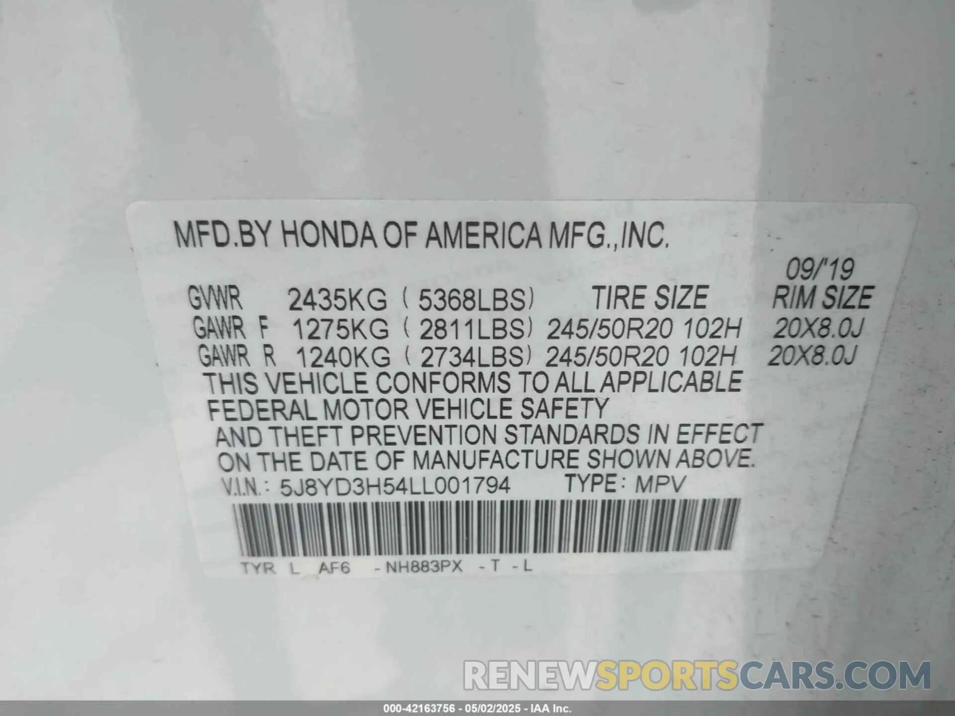 9 fotografías del automóvil dañado 5J8YD3H54LL001794 ACURA MDX 2020