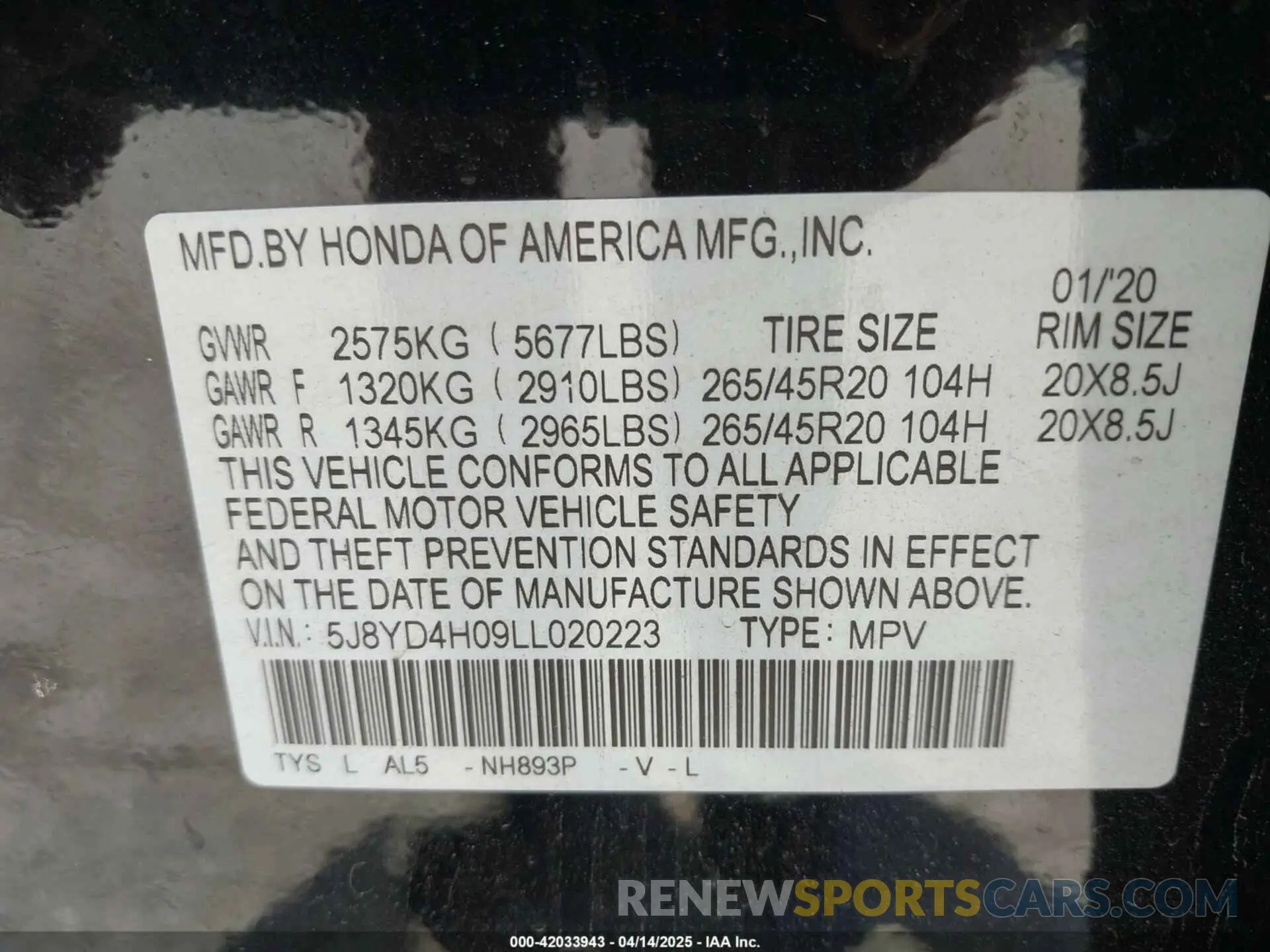 9 fotografías del automóvil dañado 5J8YD4H09LL020223 ACURA MDX 2020