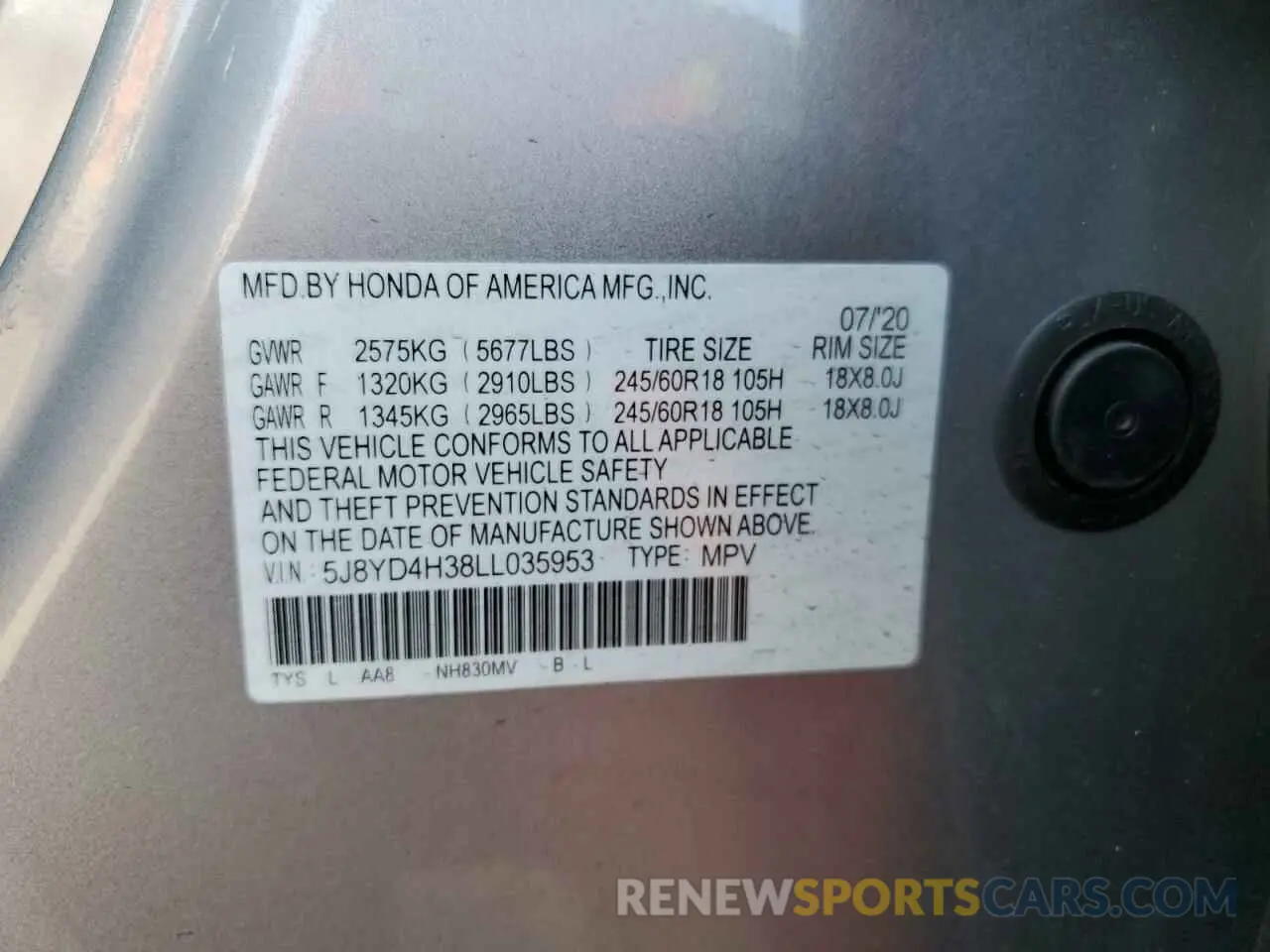 13 fotografías del automóvil dañado 5J8YD4H38LL035953 ACURA MDX 2020