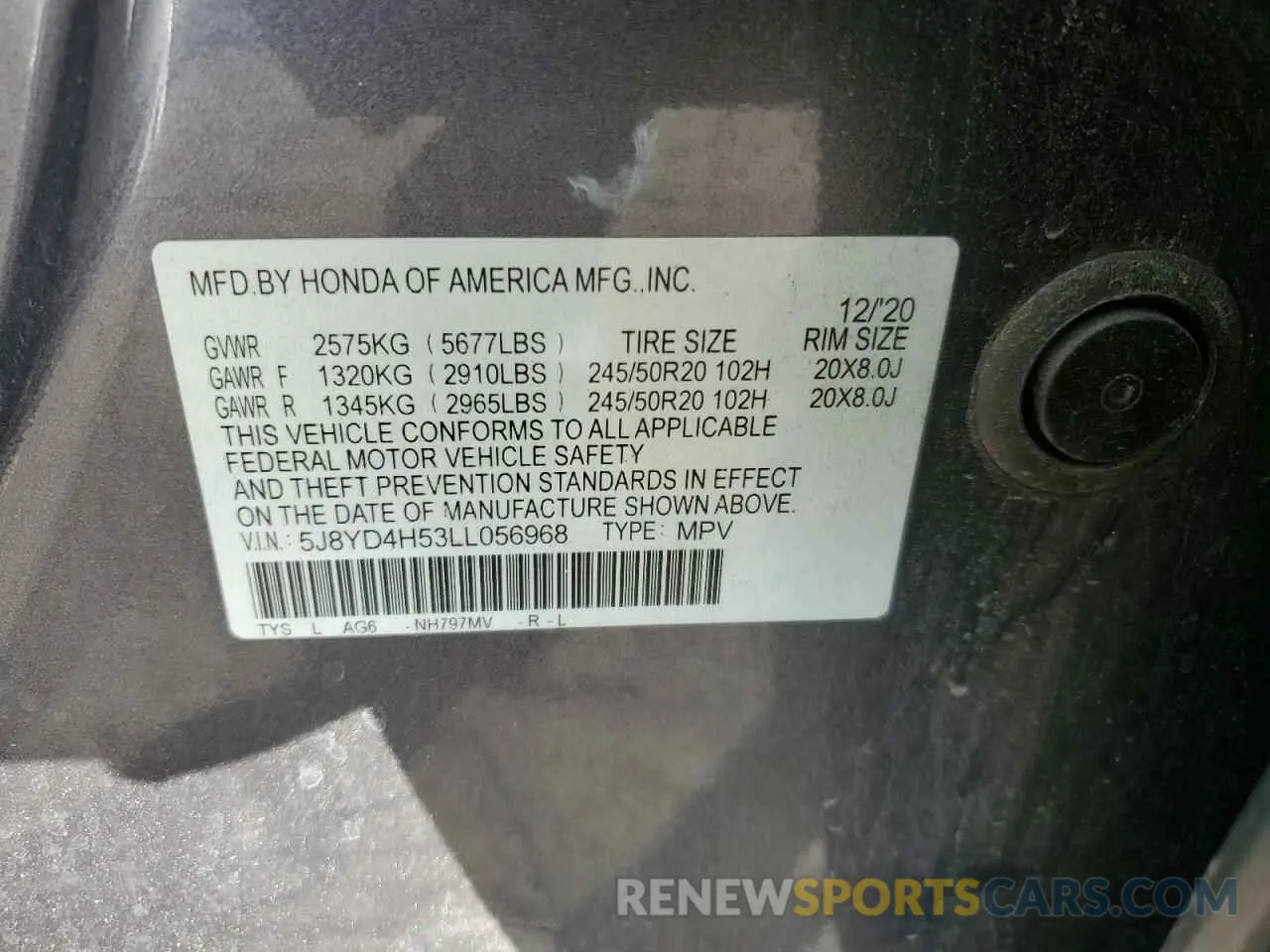 13 fotografías del automóvil dañado 5J8YD4H53LL056968 ACURA MDX 2020