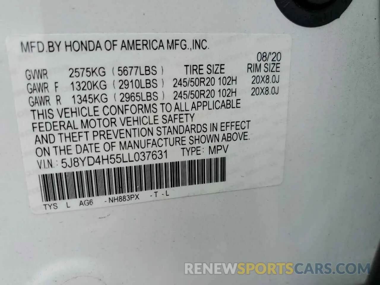 14 fotografías del automóvil dañado 5J8YD4H55LL037631 ACURA MDX 2020