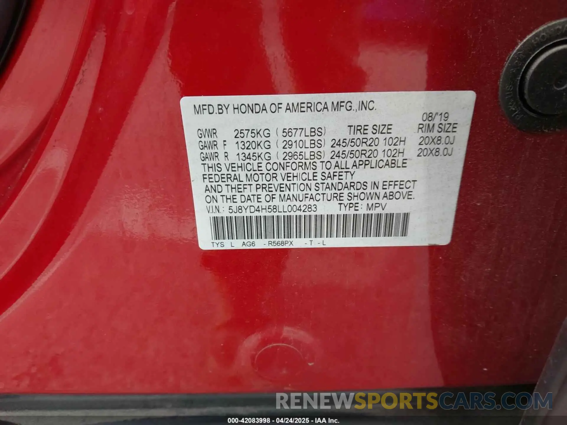 9 fotografías del automóvil dañado 5J8YD4H58LL004283 ACURA MDX 2020