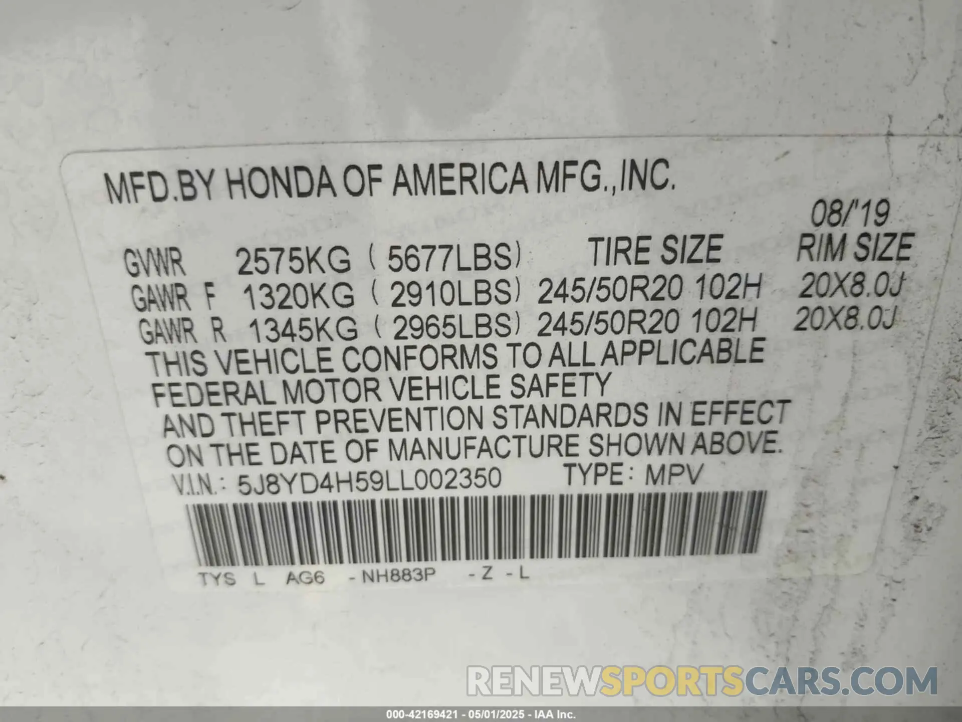 9 fotografías del automóvil dañado 5J8YD4H59LL002350 ACURA MDX 2020
