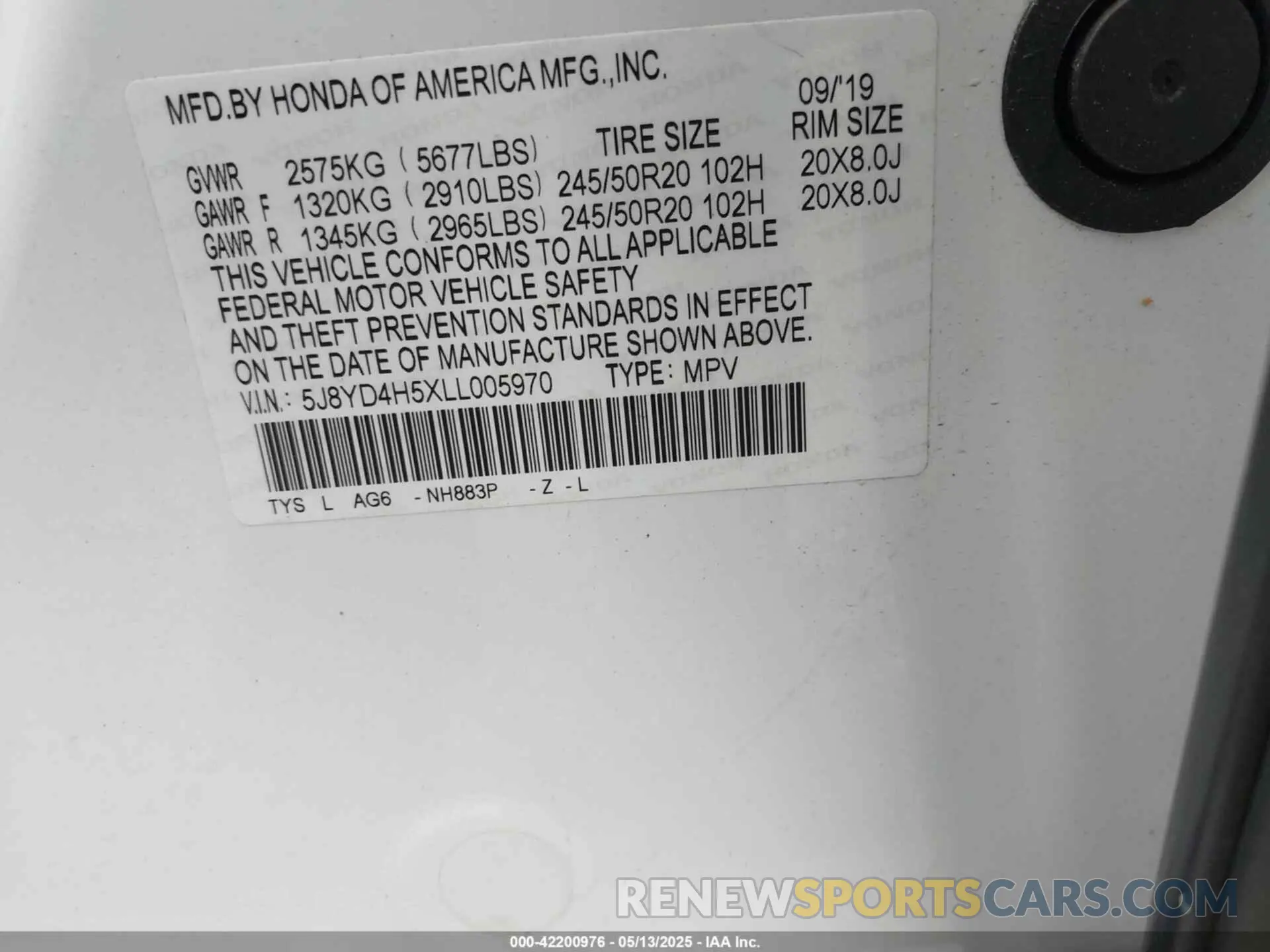 9 fotografías del automóvil dañado 5J8YD4H5XLL005970 ACURA MDX 2020