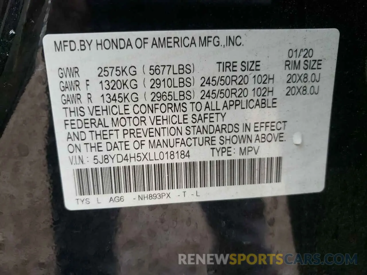 14 fotografías del automóvil dañado 5J8YD4H5XLL018184 ACURA MDX 2020