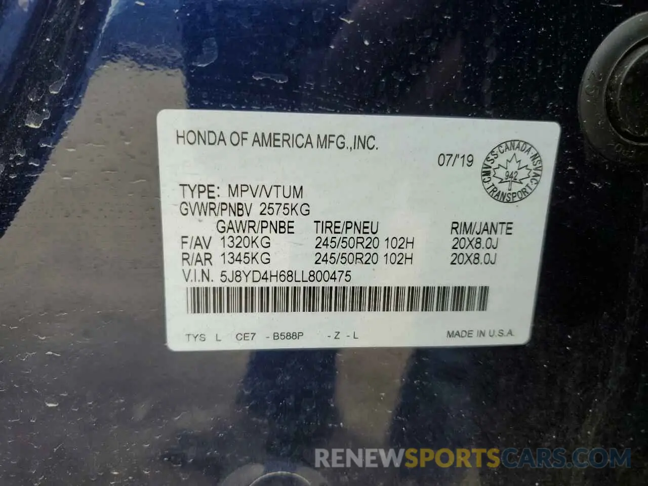 13 fotografías del automóvil dañado 5J8YD4H68LL800475 ACURA MDX 2020