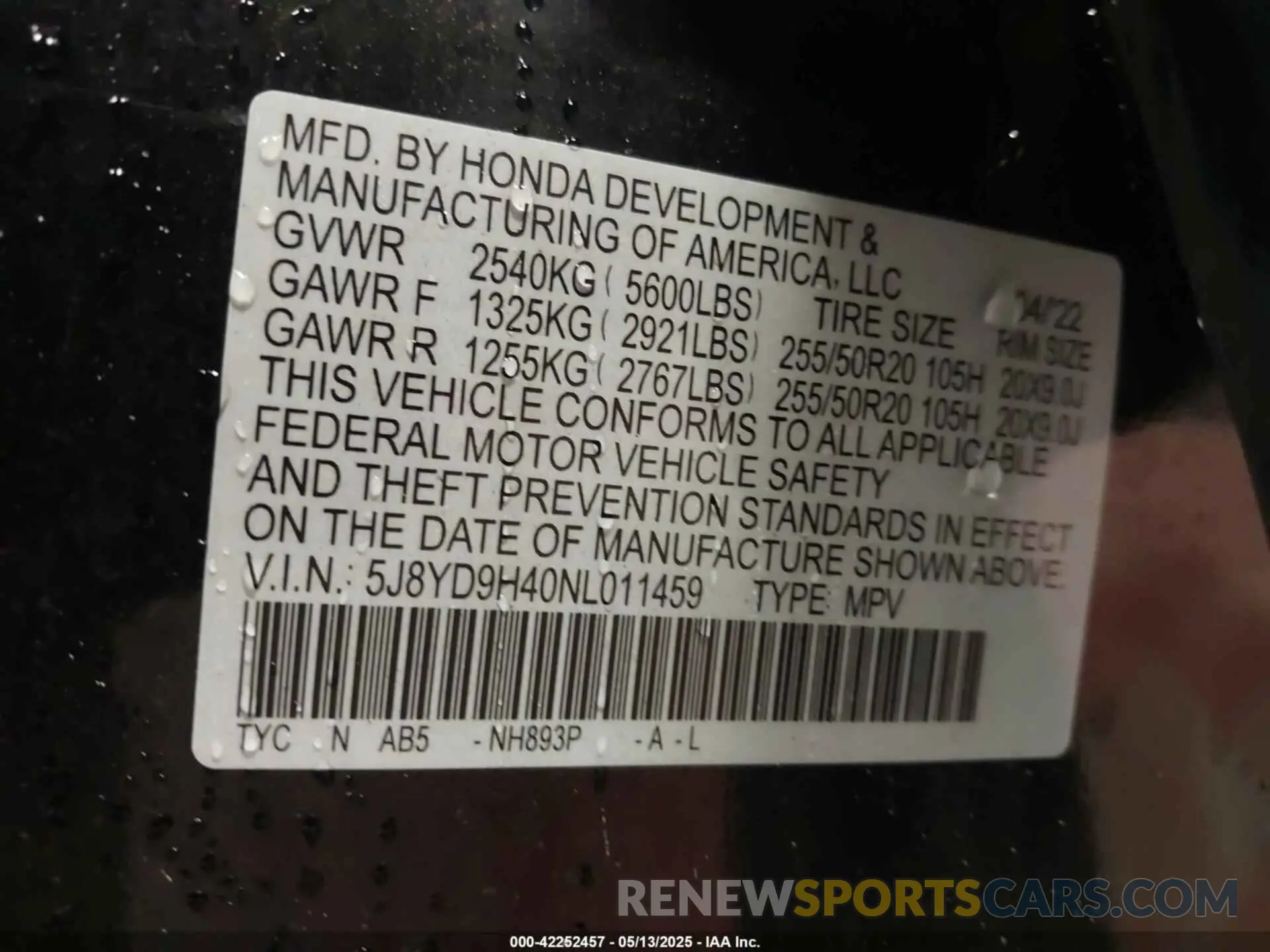 9 fotografías del automóvil dañado 5J8YD9H40NL011459 ACURA MDX 2022