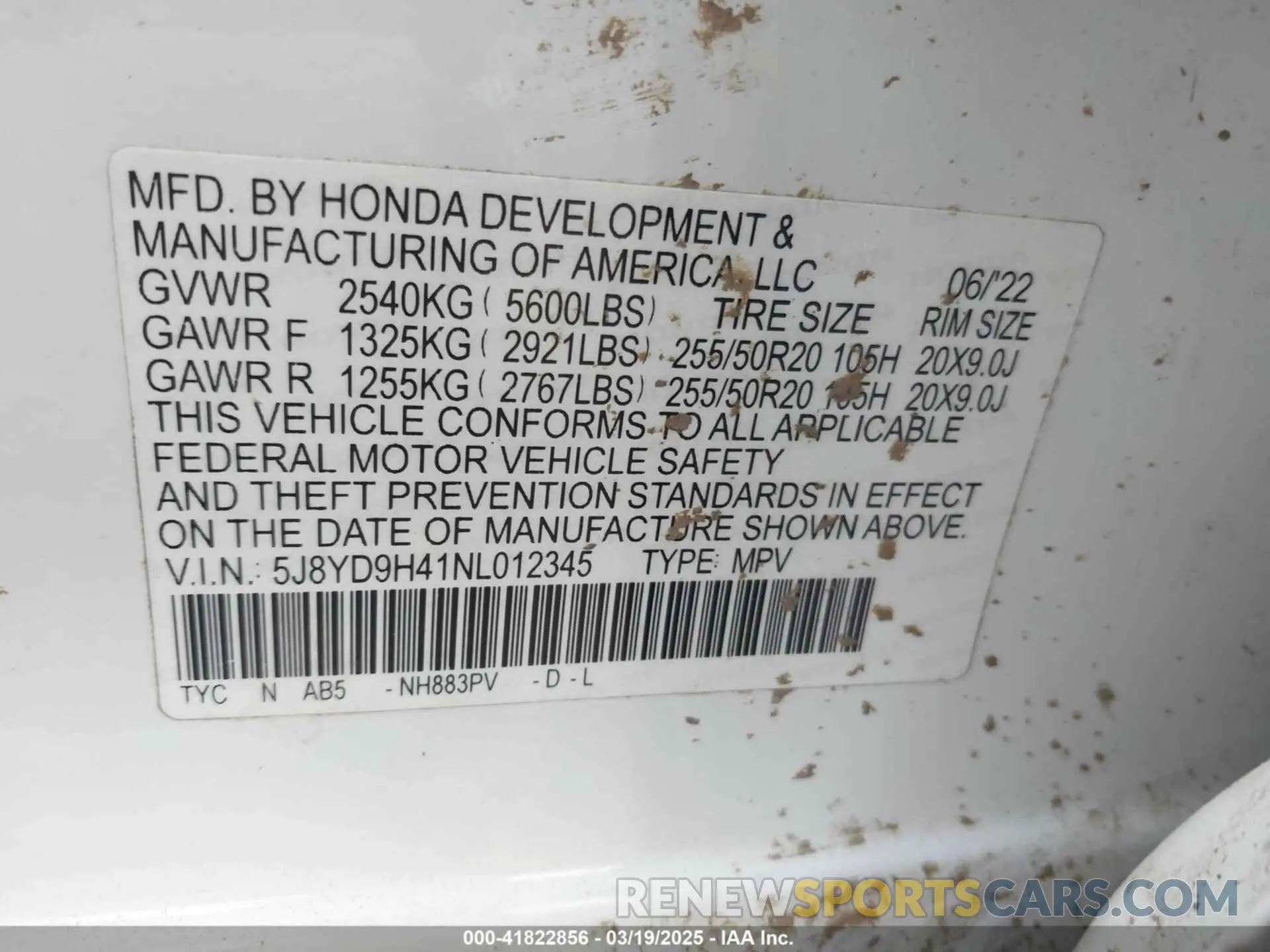9 fotografías del automóvil dañado 5J8YD9H41NL012345 ACURA MDX 2022
