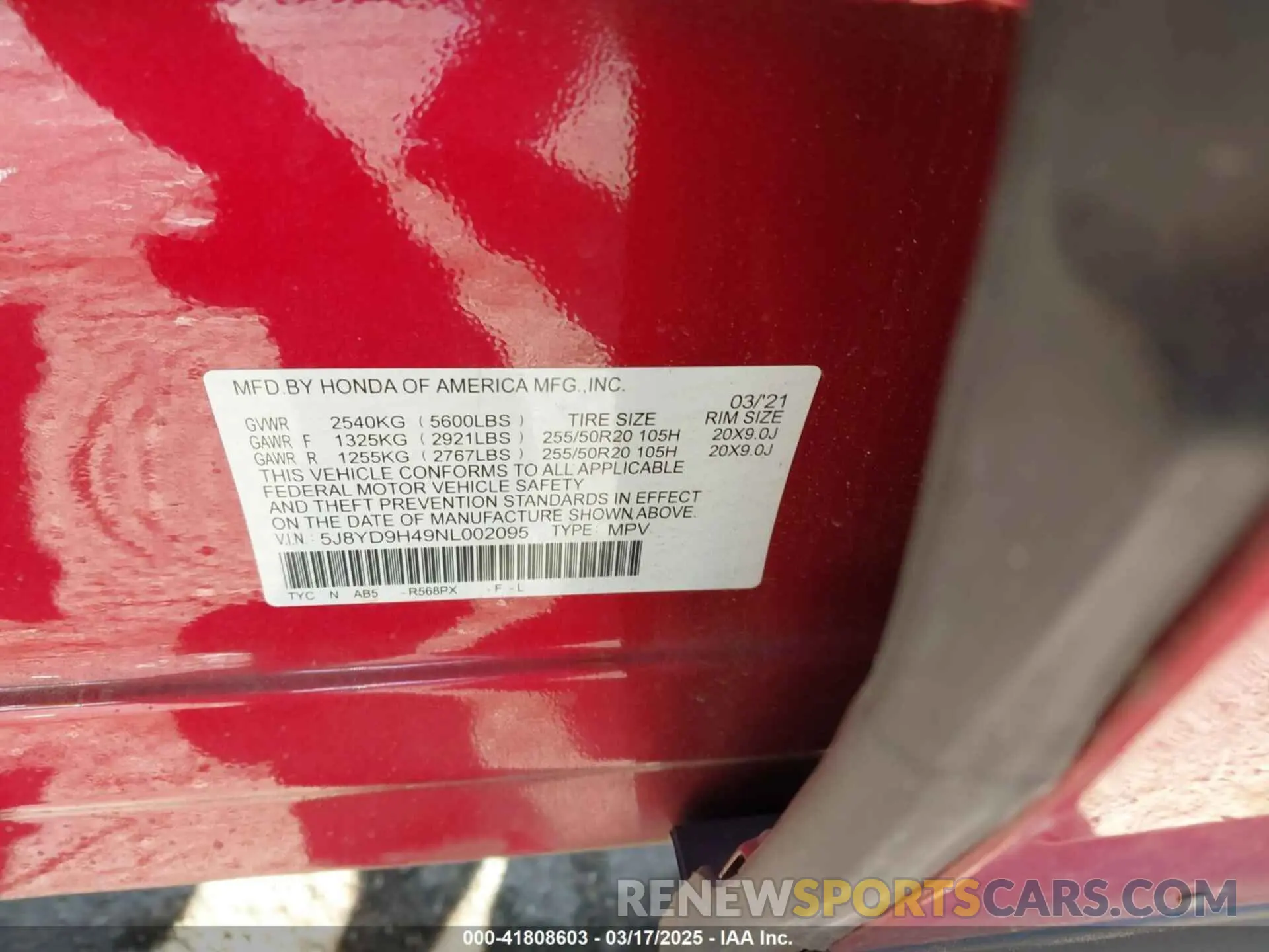 9 fotografías del automóvil dañado 5J8YD9H49NL002095 ACURA MDX 2022