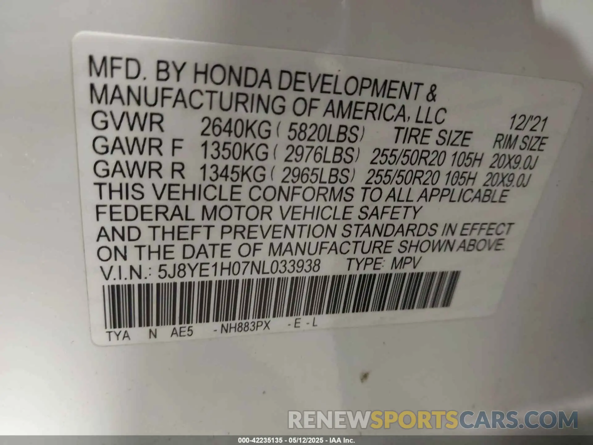 9 fotografías del automóvil dañado 5J8YE1H07NL033938 ACURA MDX 2022