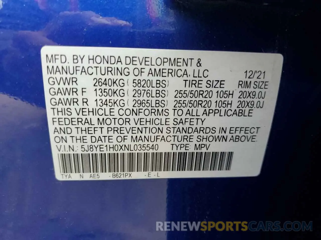 12 fotografías del automóvil dañado 5J8YE1H0XNL035540 ACURA MDX 2022