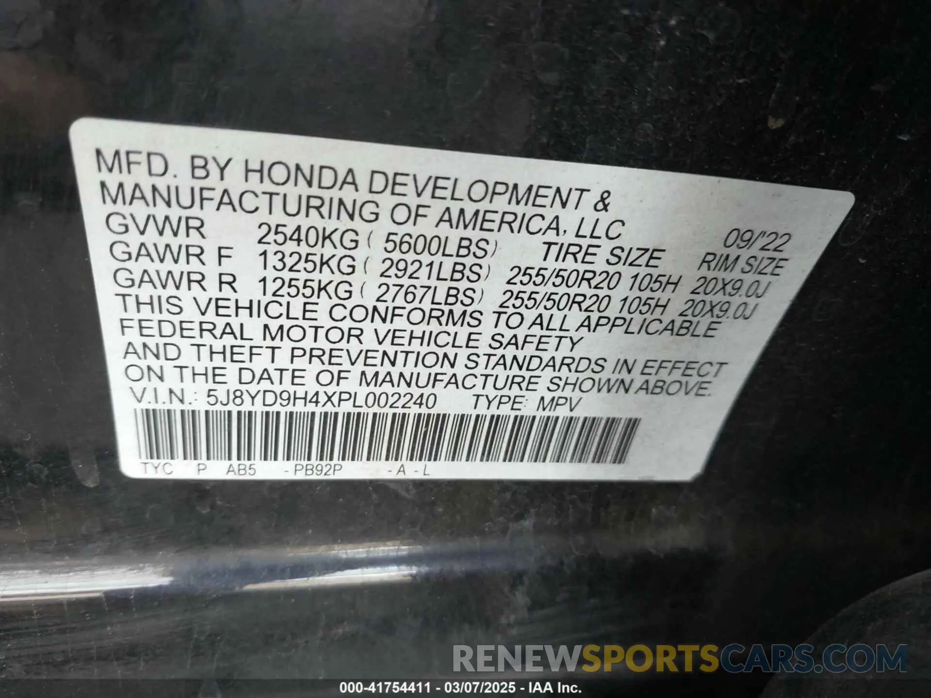 9 fotografías del automóvil dañado 5J8YD9H4XPL002240 ACURA MDX 2023